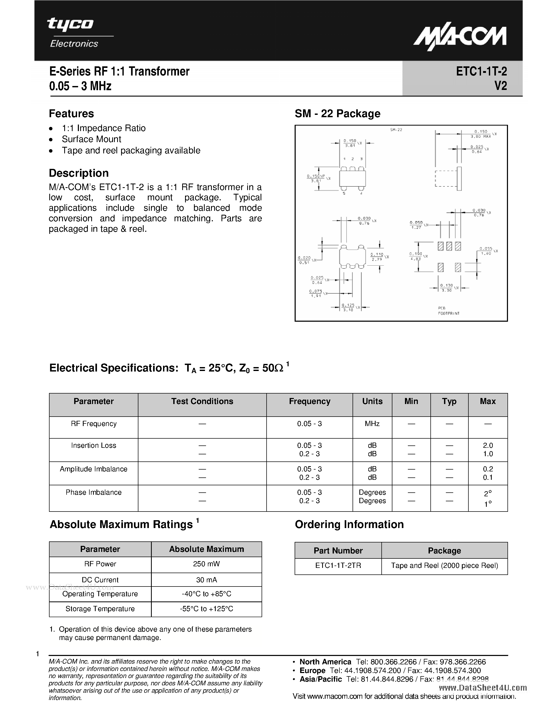 Datasheet ETC1-1T-2 - E-Series RF 1:1 Transformer page 1