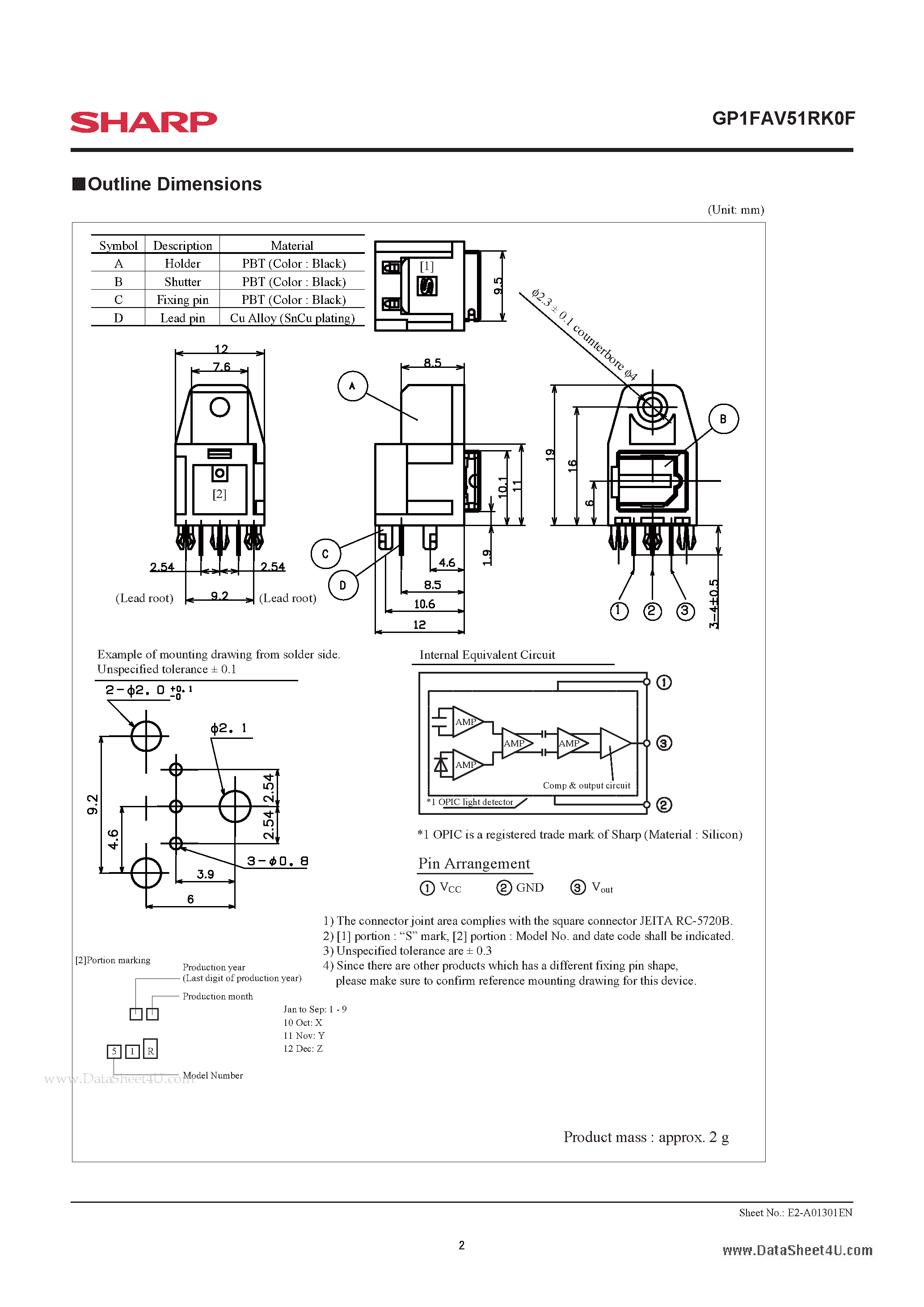 Даташит GP1FAV51RK0F - Fiber Optic Receiver Square connector страница 2