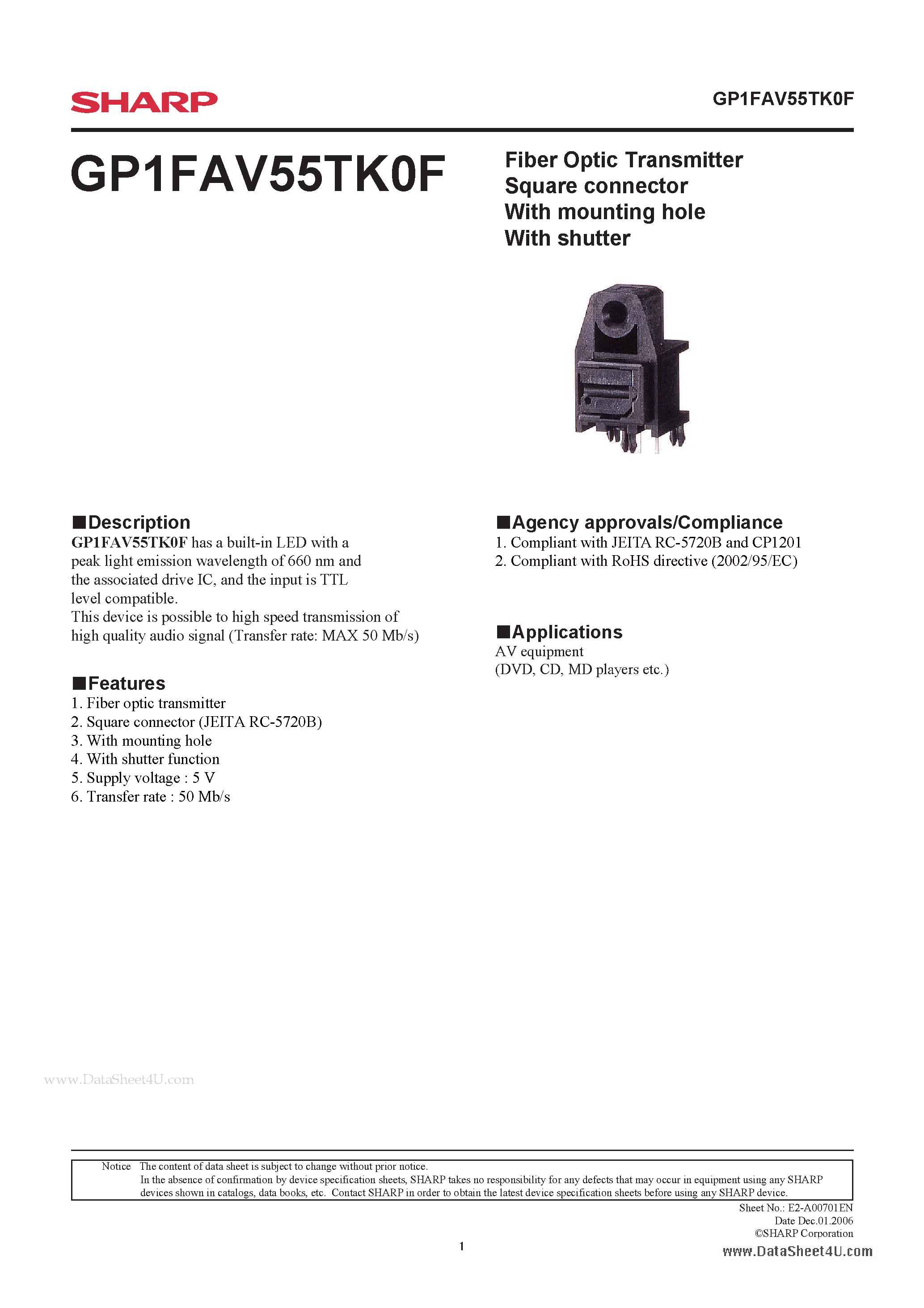 Даташит GP1FAV55TK0F - Fiber Optic Transmitter Square connector страница 1