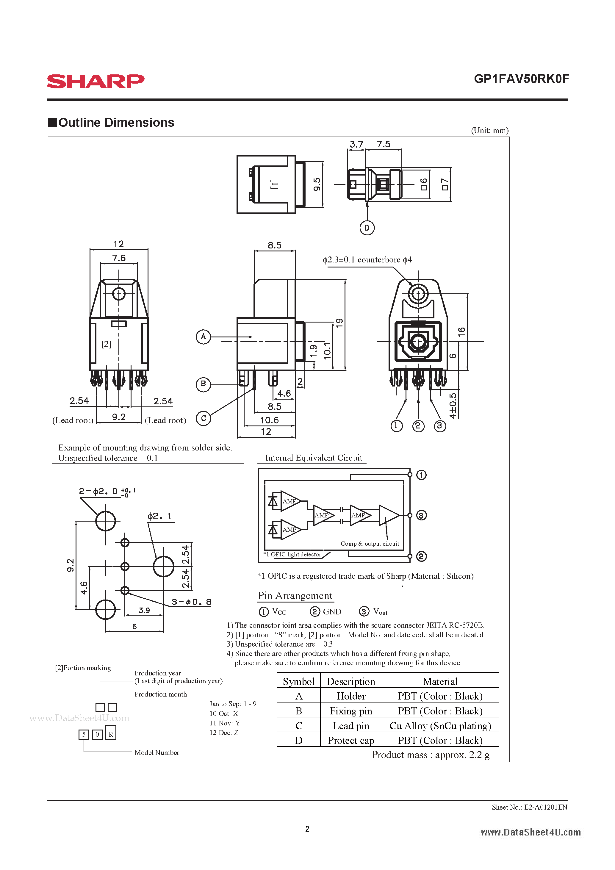 Даташит GP1FAV50RK0F - Fiber Optic Receiver Square connector страница 2