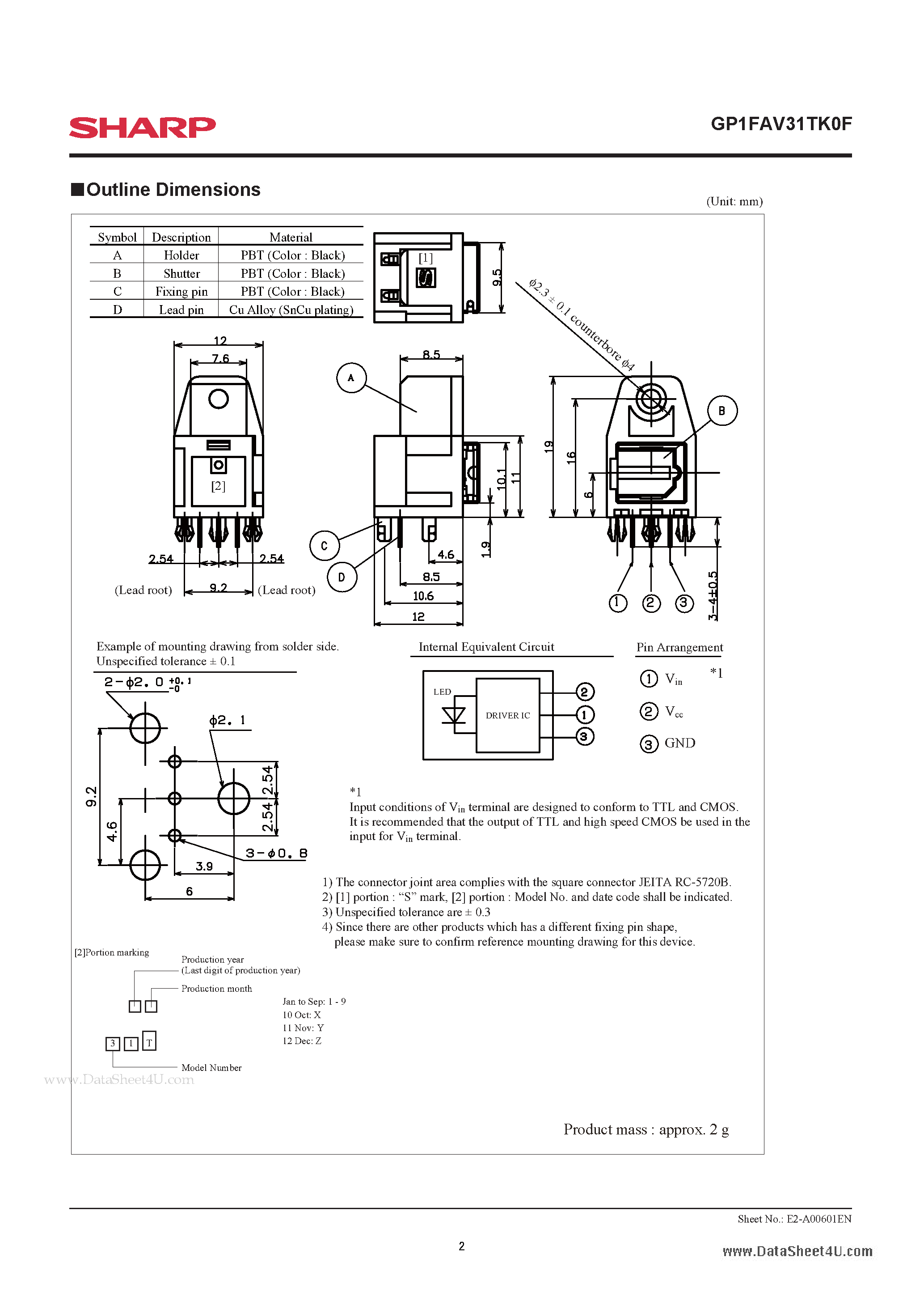 Даташит GP1FAV31TK0F - Fiber Optic Transmitter Square connector страница 2