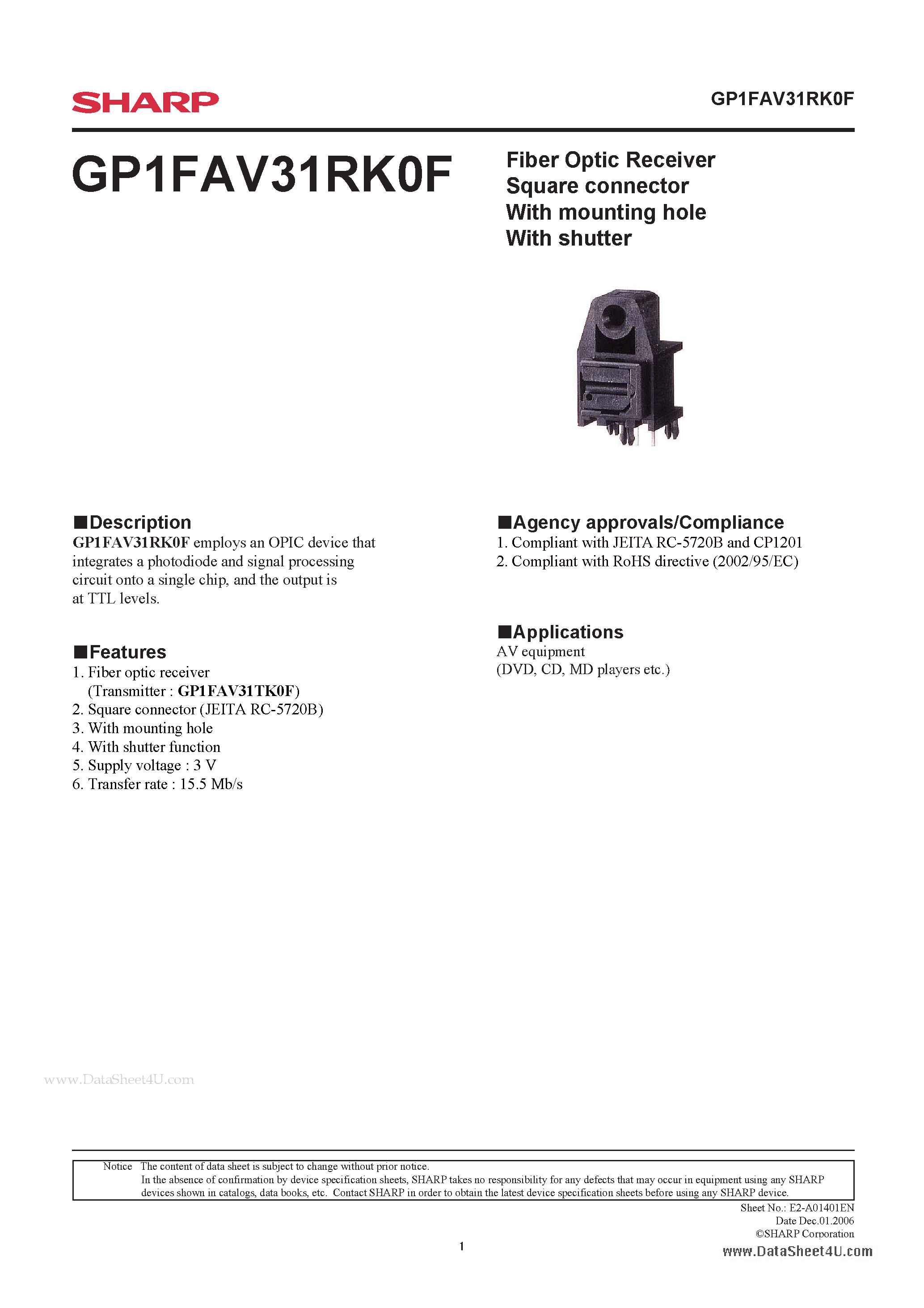 Даташит GP1FAV31RK0F - Fiber Optic Receiver Square connector страница 1