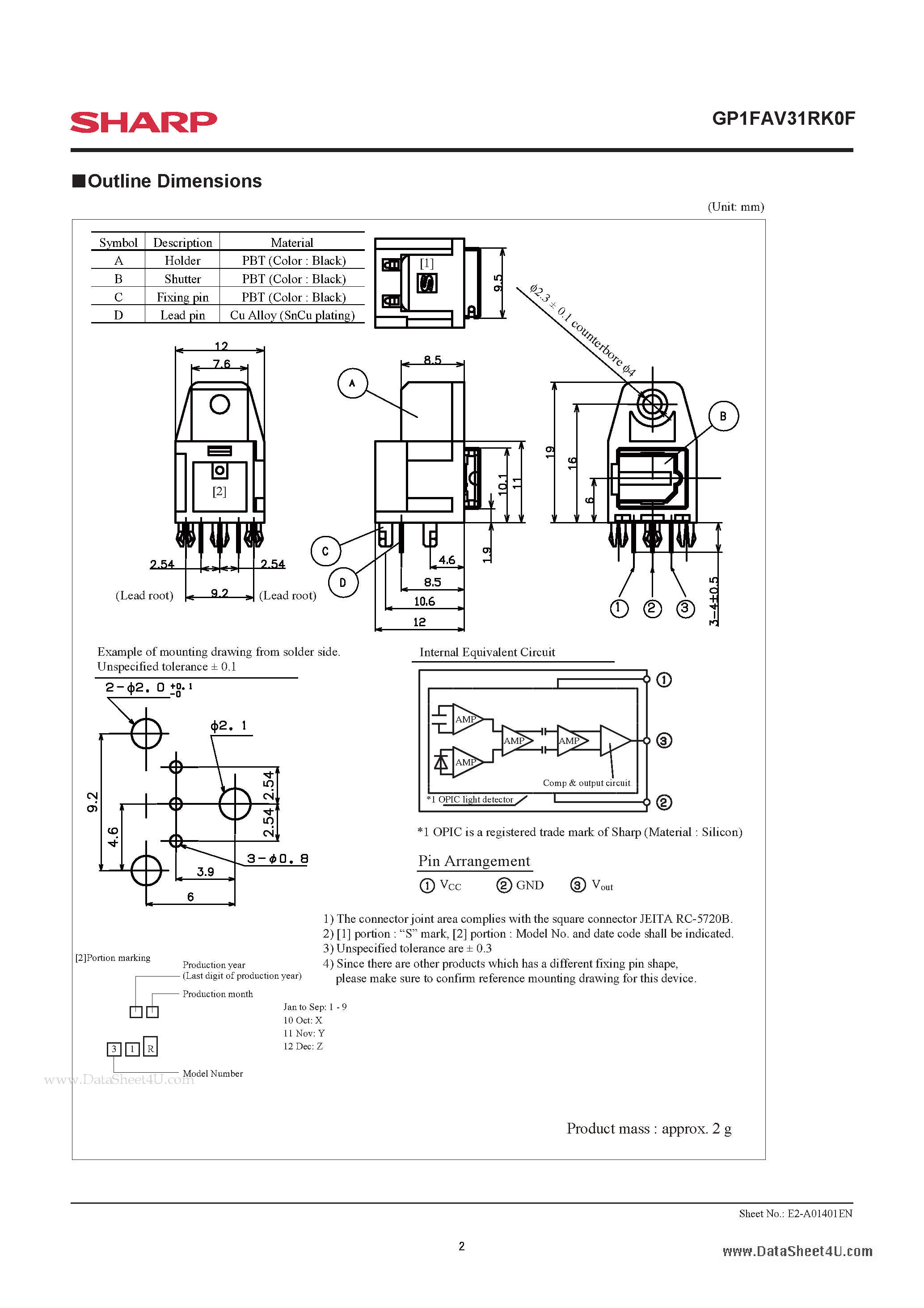 Даташит GP1FAV31RK0F - Fiber Optic Receiver Square connector страница 2