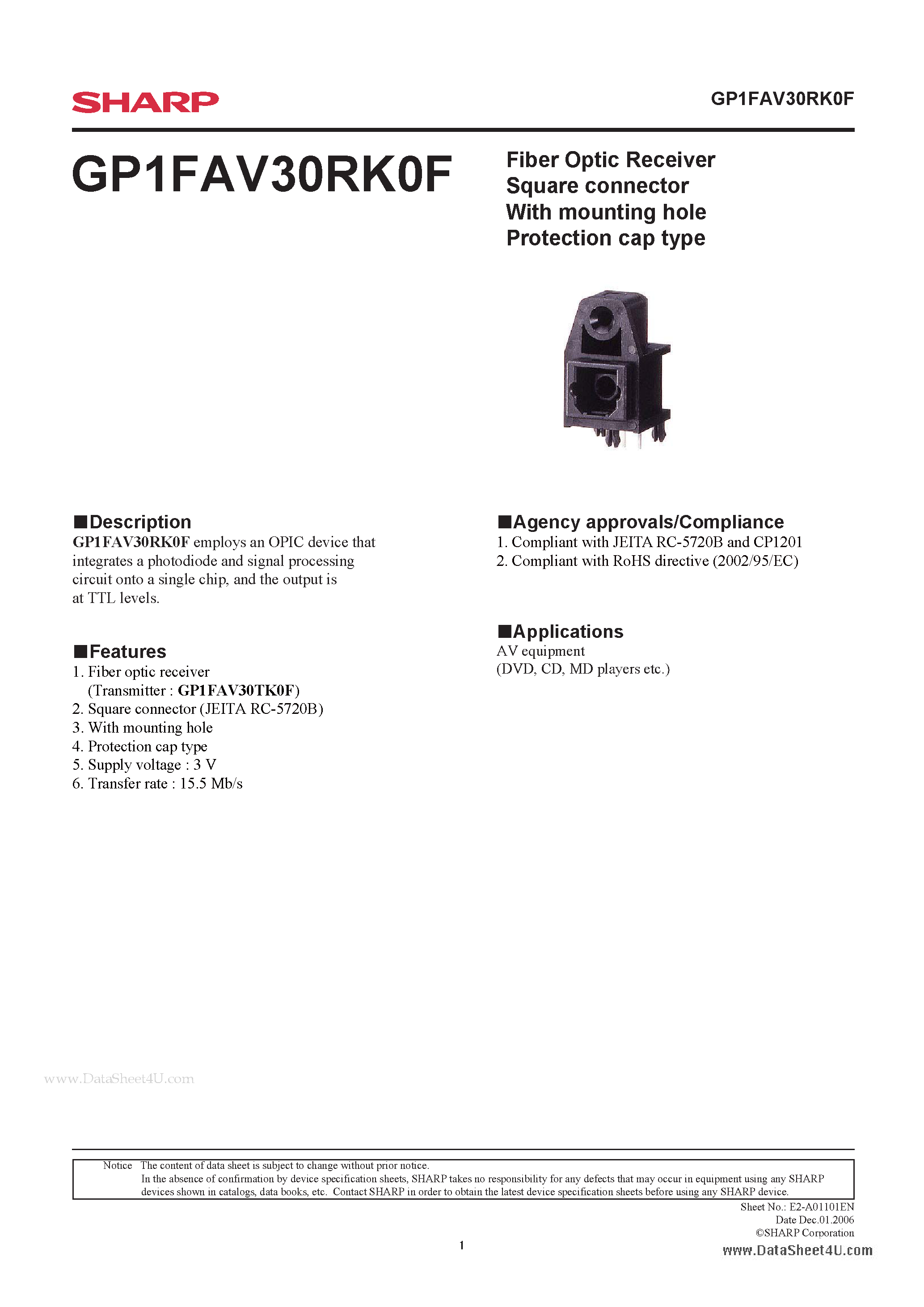 Даташит GP1FAV30RK0F - Fiber Optic Receiver Square connector страница 1