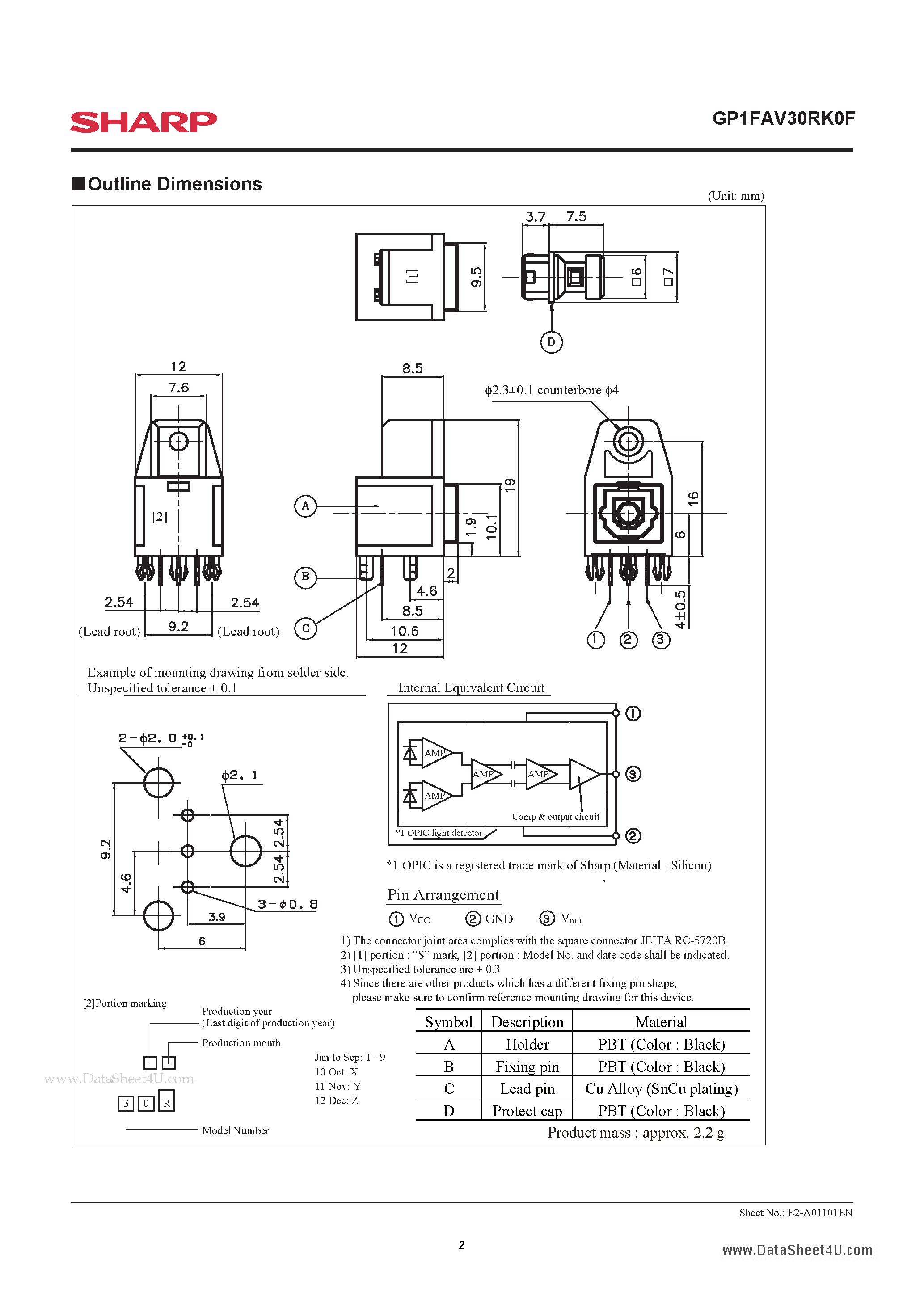 Даташит GP1FAV30RK0F - Fiber Optic Receiver Square connector страница 2