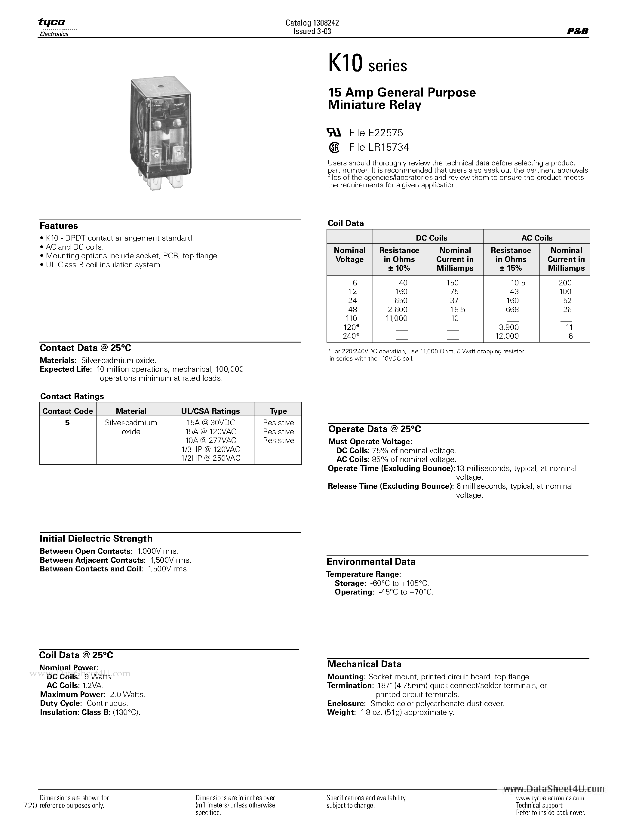 Datasheet K10 - 15 Amp General Purpose Miniature Relay page 1