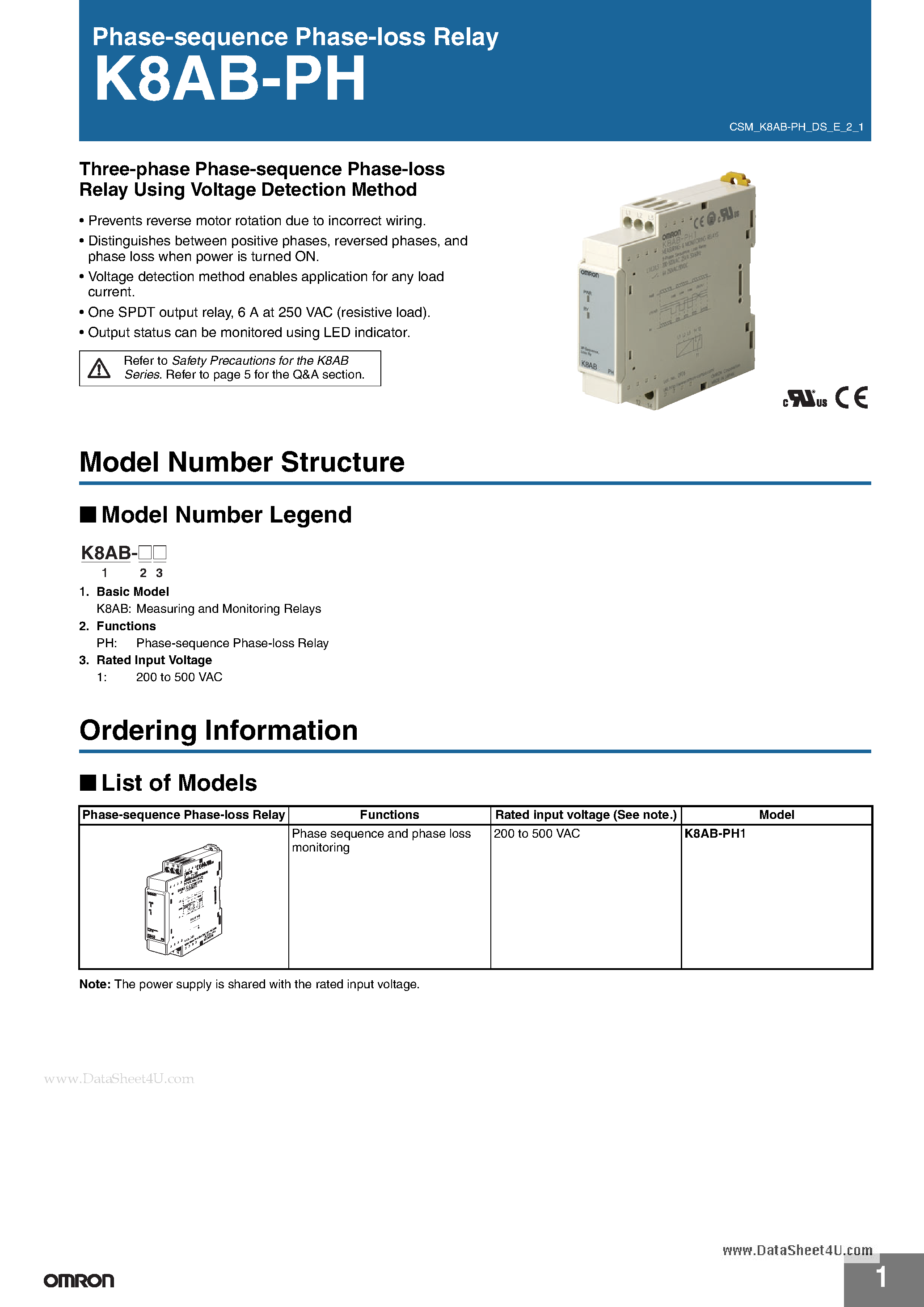 Даташит K8AB-PH - Phase-sequence Phase-loss Relay страница 1
