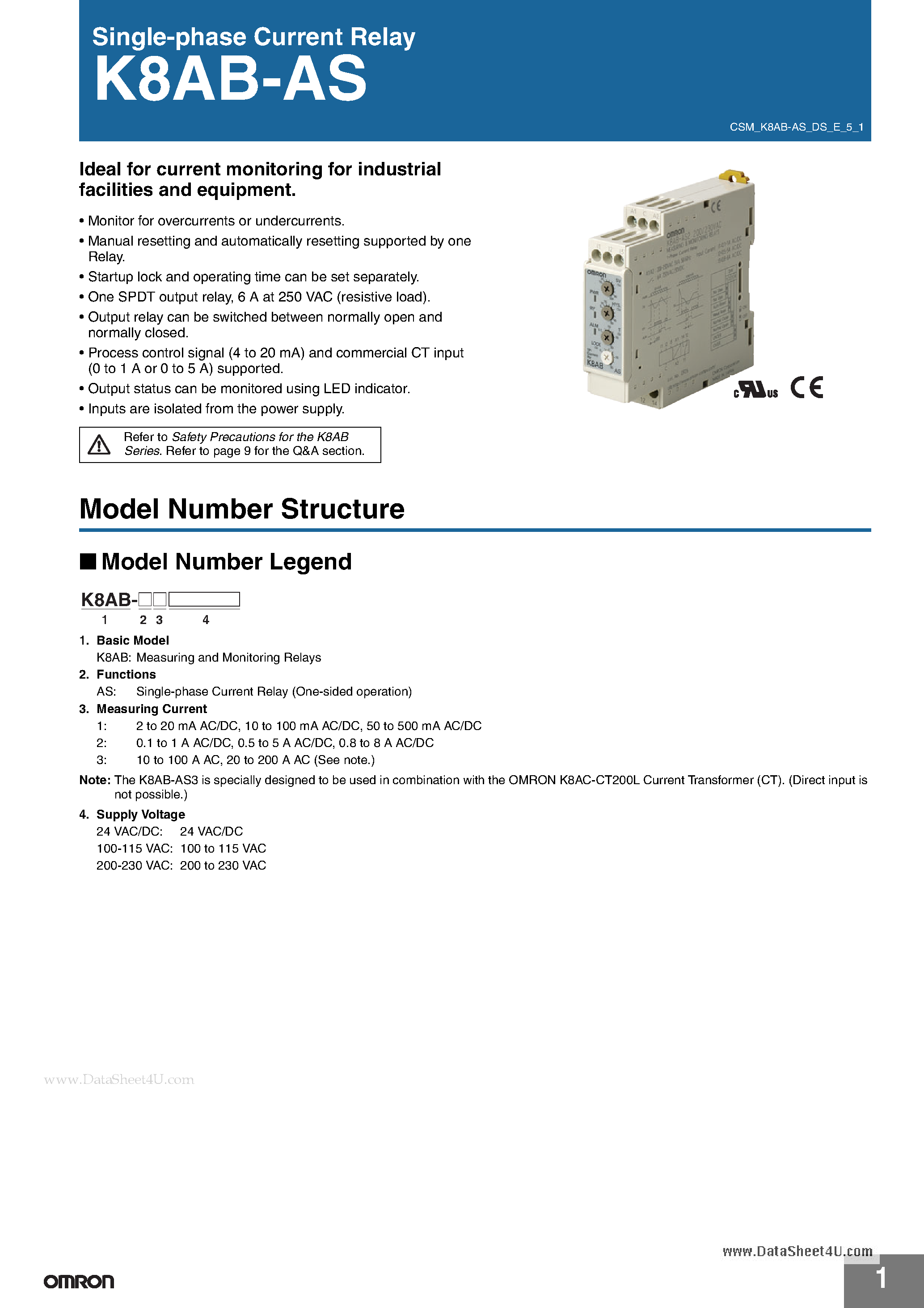 Даташит K8AB-AS - Single-phase Current Relay страница 1