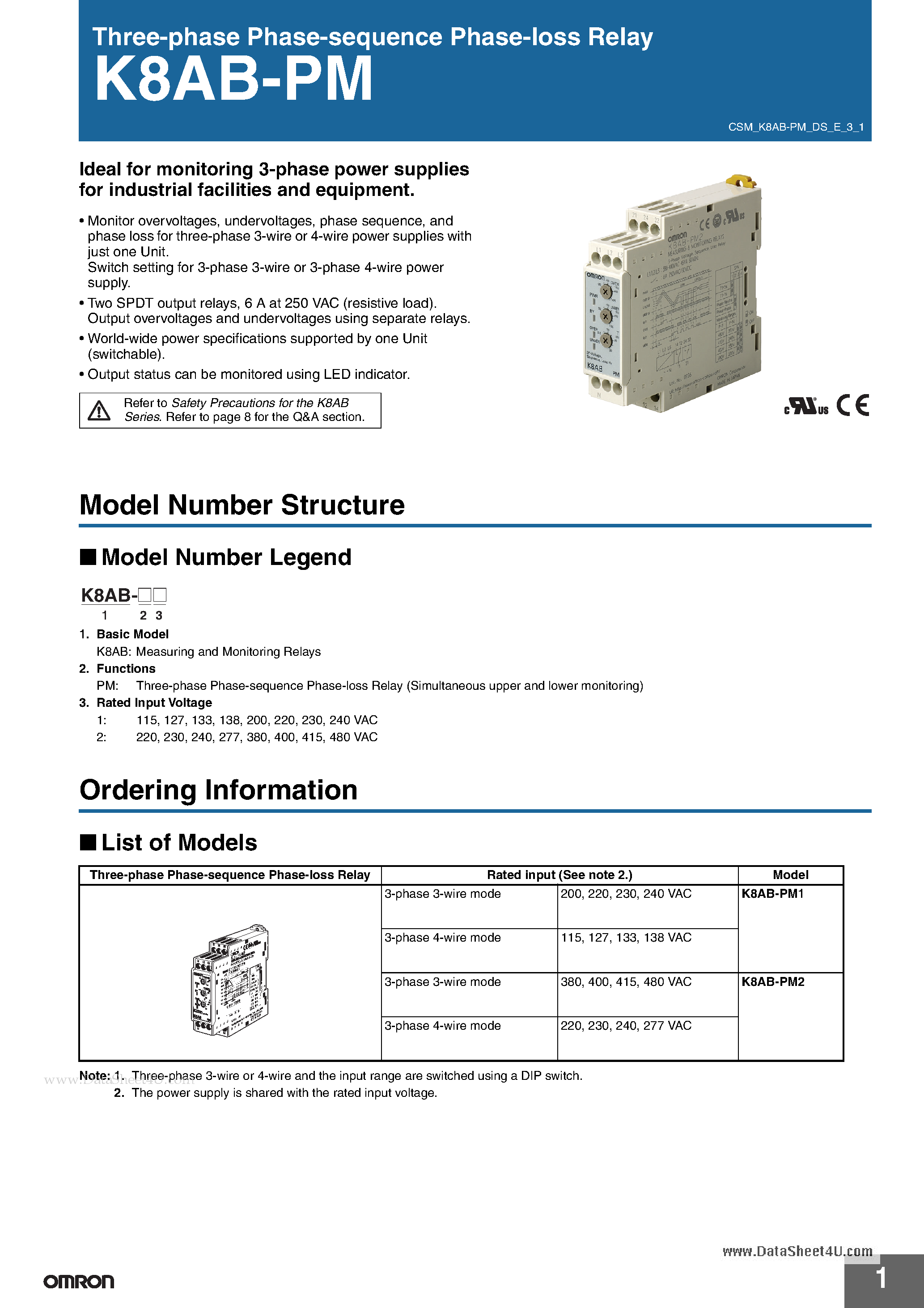 Даташит K8AB-PM - Three-phase Phase-sequence Phase-loss Relay страница 1