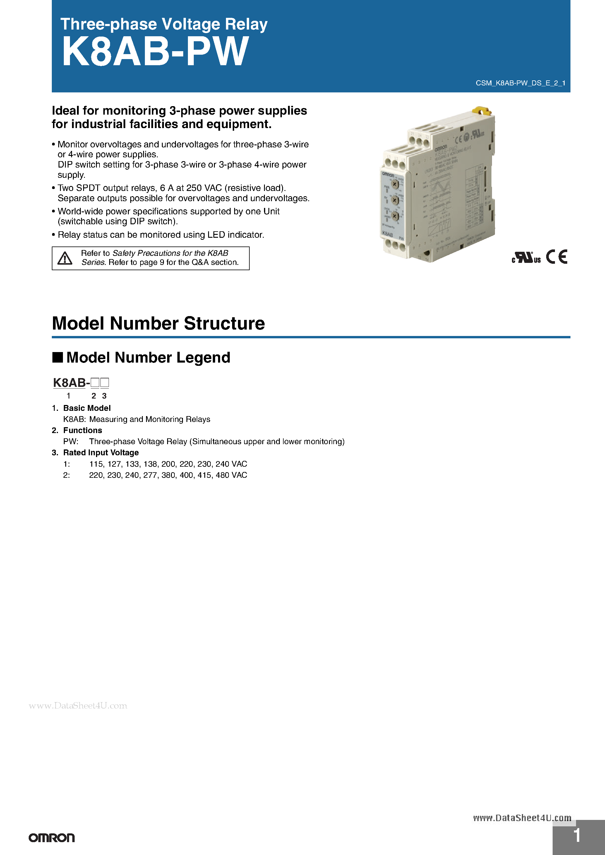 Даташит K8AB-PW - Three-phase Voltage Relay страница 1