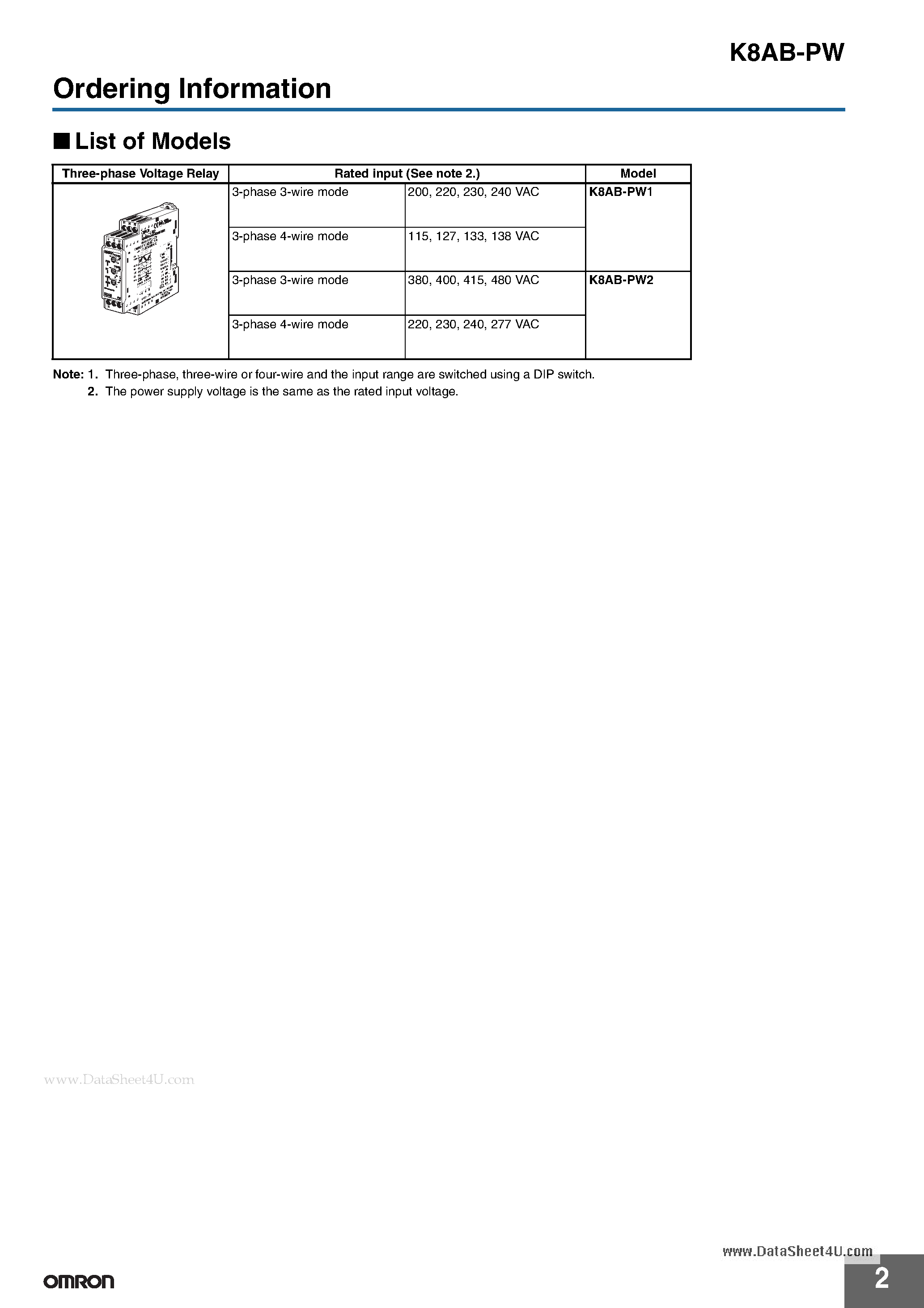 Даташит K8AB-PW - Three-phase Voltage Relay страница 2