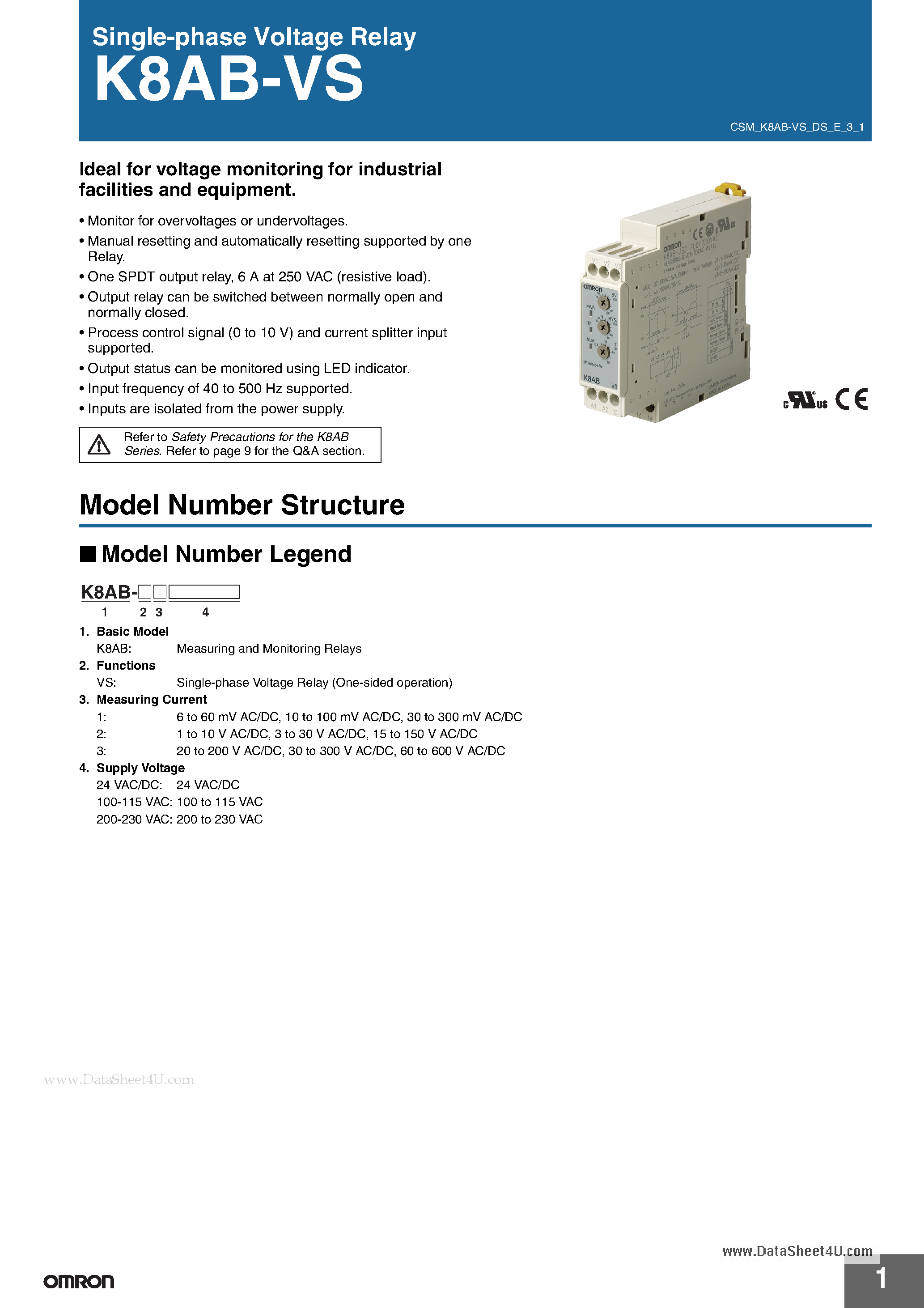 Даташит K8AB-VS - Single-phase Voltage Relay страница 1