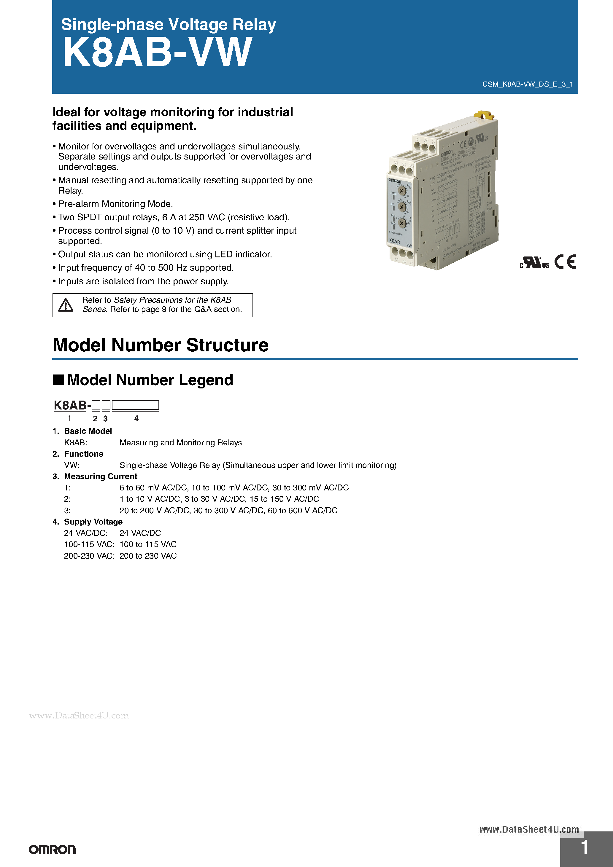 Даташит K8AB-VW - Single-phase Voltage Relay страница 1