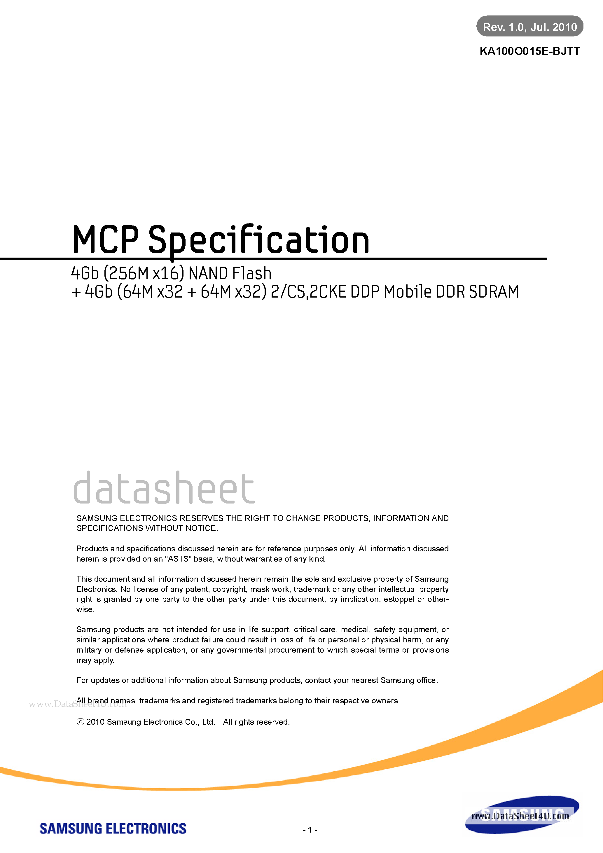 Datasheet KA100O015E-BJTT page 1 Datasheet KA100O015E-BJTT - 2CKE DDP Mobile DDR SDRAM page 1
