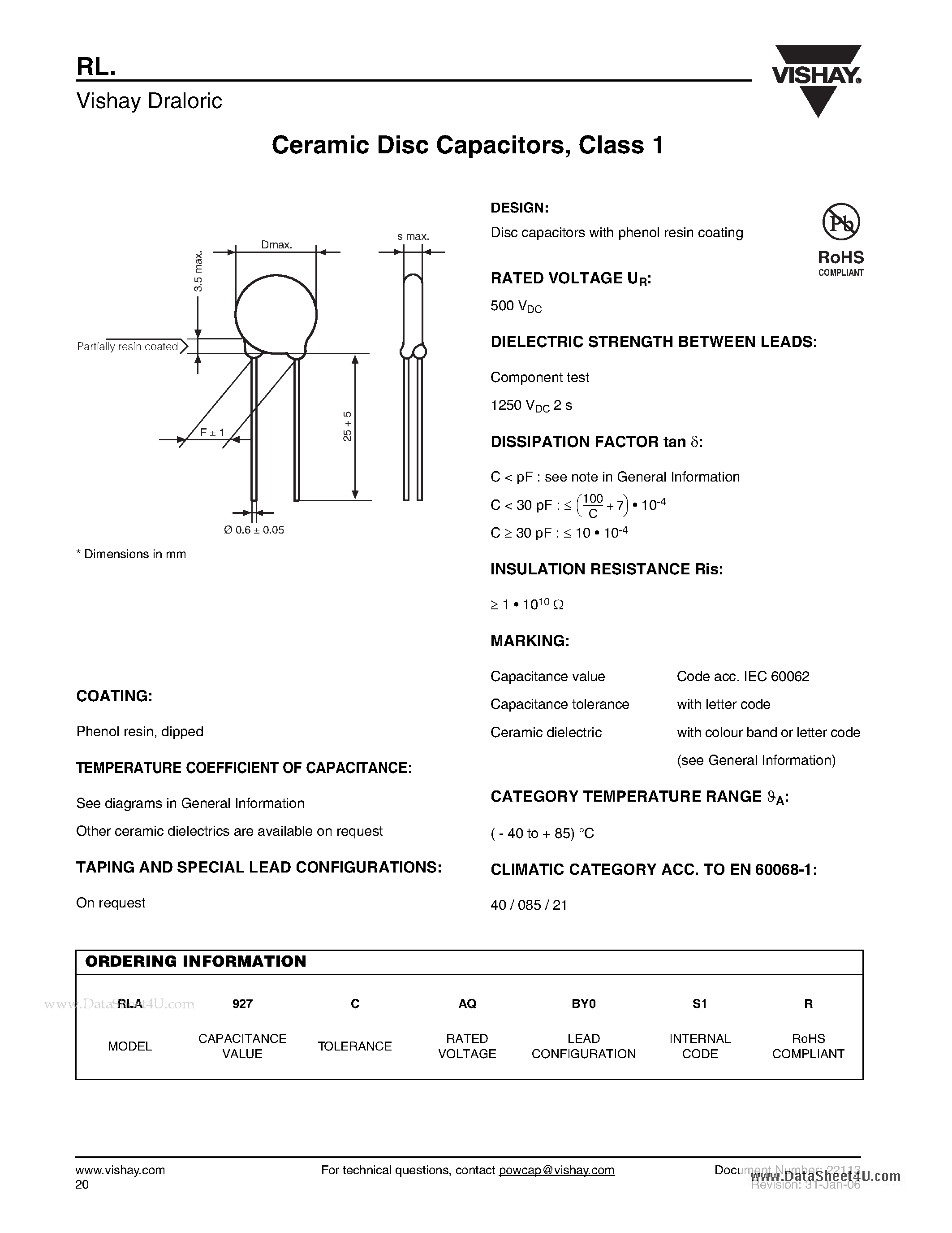 Datasheet RLA1xx page 1 Datasheet RLA1xx - Ceramic Disc Capacitors page 1