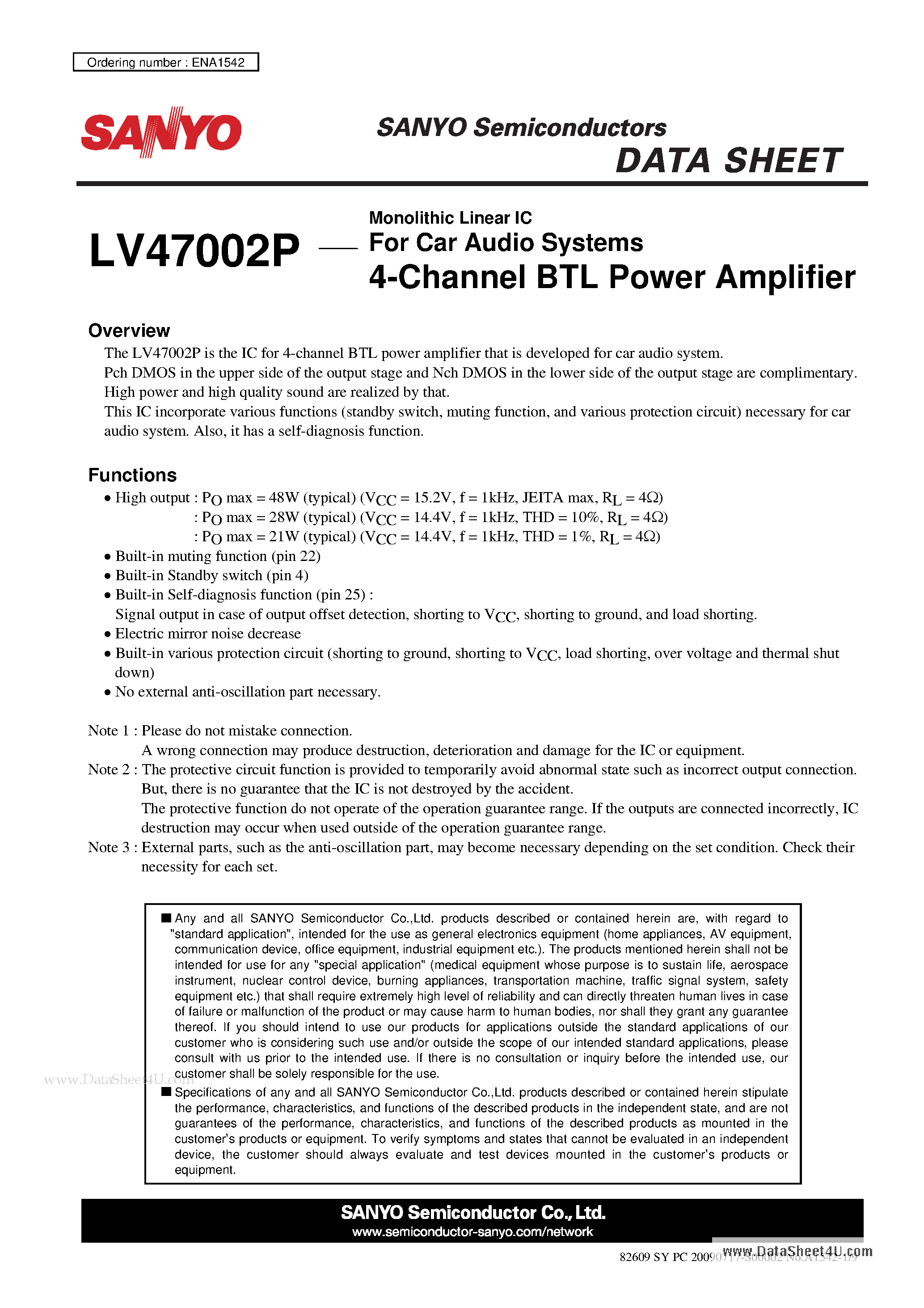 Datasheet LV47002P page 1 Datasheet LV47002P - 4-Channel BTL Power Amplifier page 1