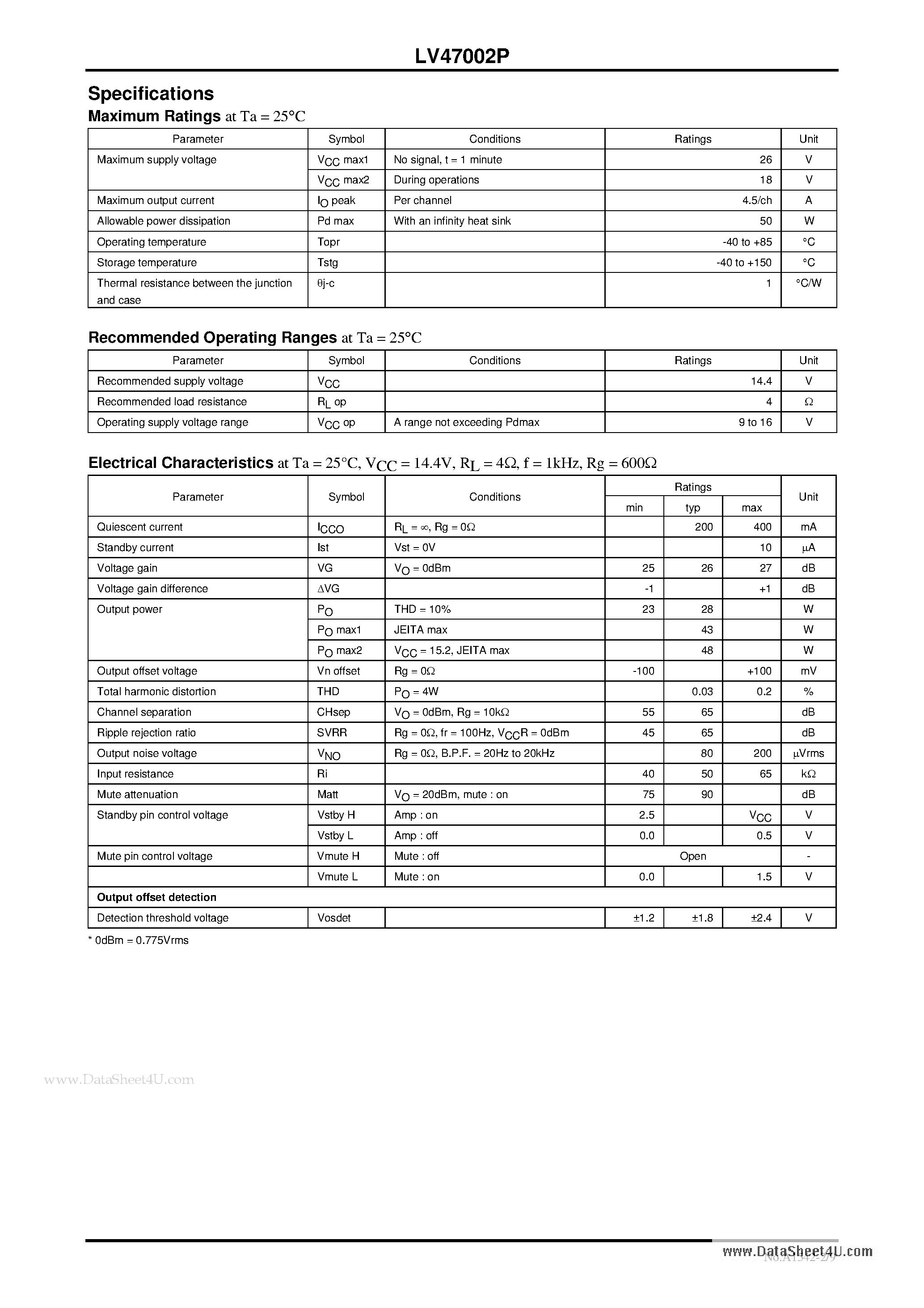 Datasheet LV47002P page 2 Datasheet LV47002P - 4-Channel BTL Power Amplifier page 2
