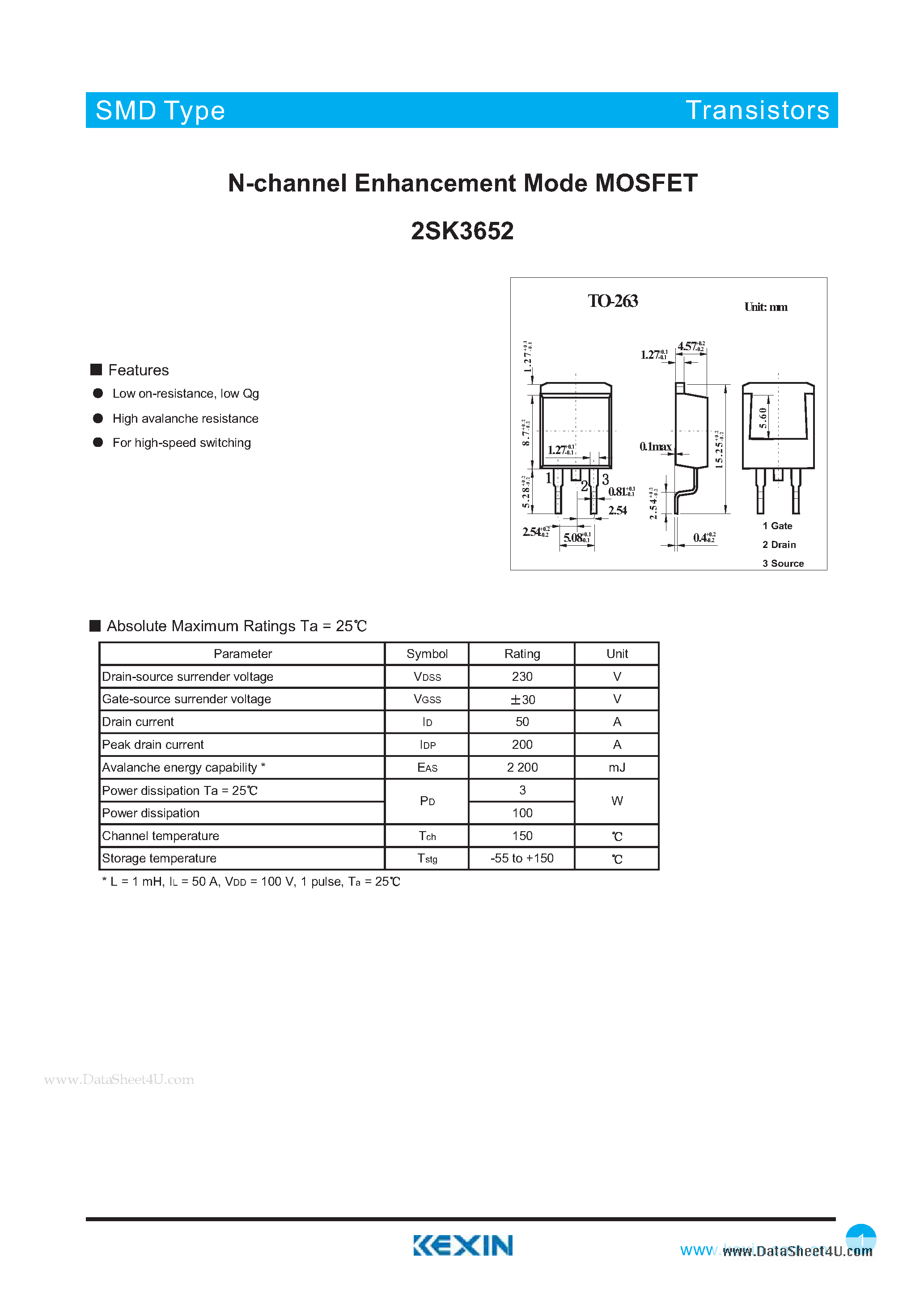 Datasheet 2SK3652 - N-channel Enhancement Mode MOSFET page 1