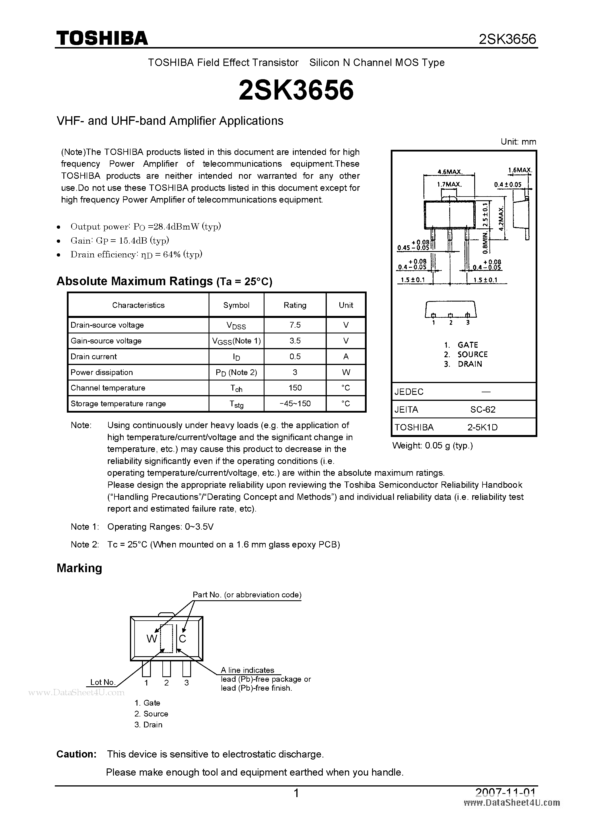 Datasheet 2SK3656 - Silicon N Channel MOS Type VHF and UHF band Amplifier Applications page 1