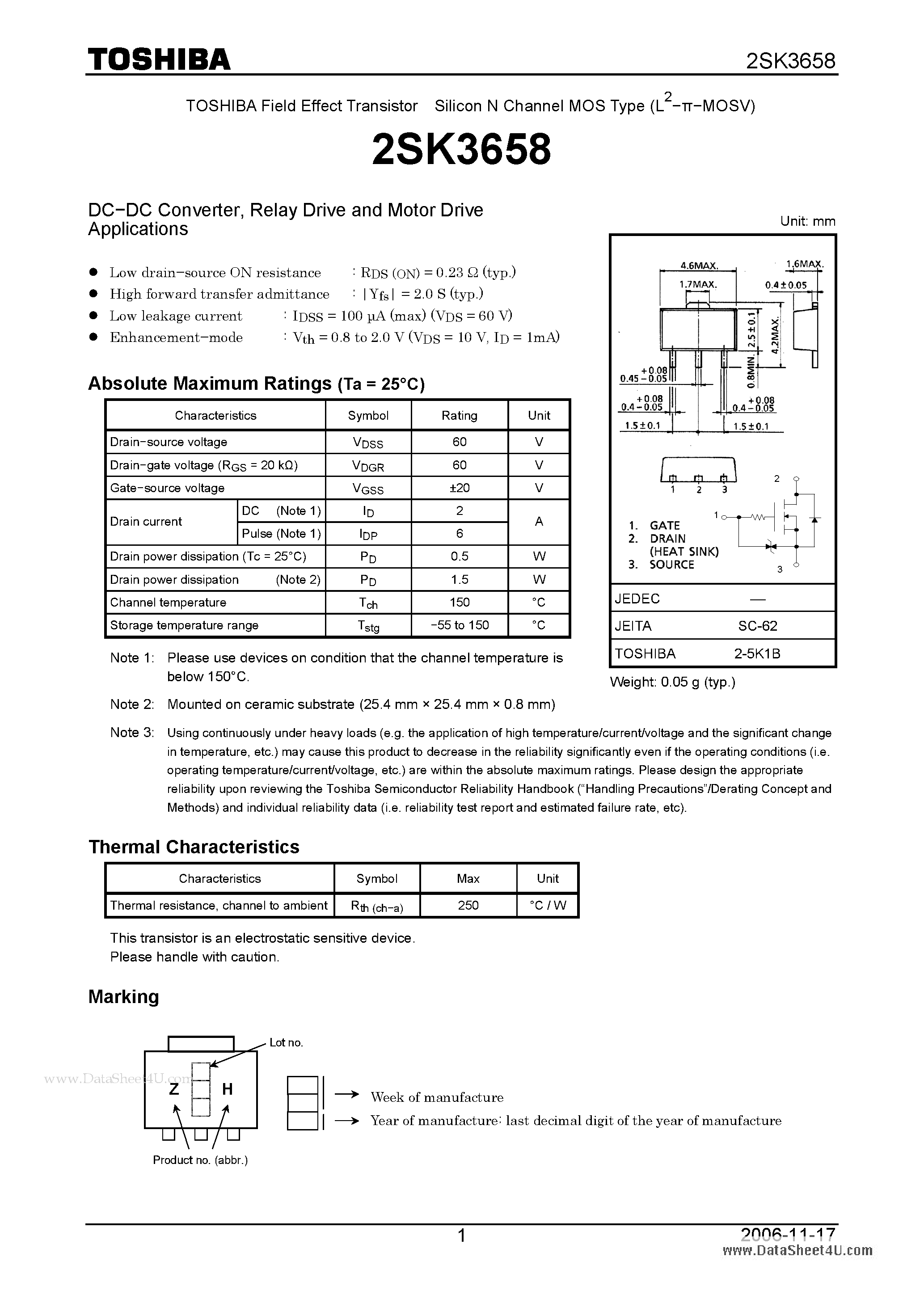 Datasheet 2SK3658 - Silicon N Channel MOS Type DC-DC Converter page 1