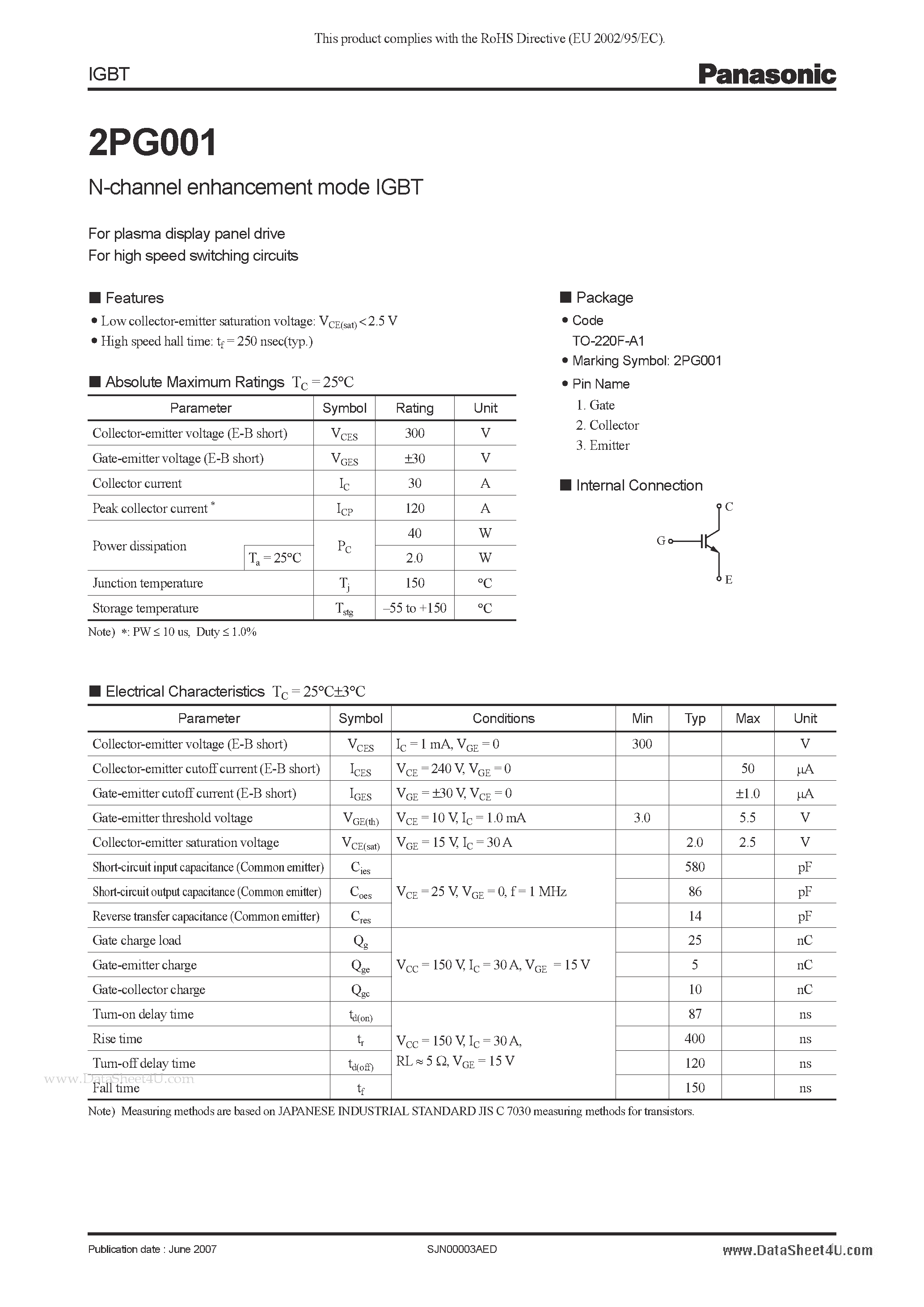 Даташит на микросхему 2PG001 страница 1 Даташит 2PG001 - N-channel enhancement mode IGBT страница 1