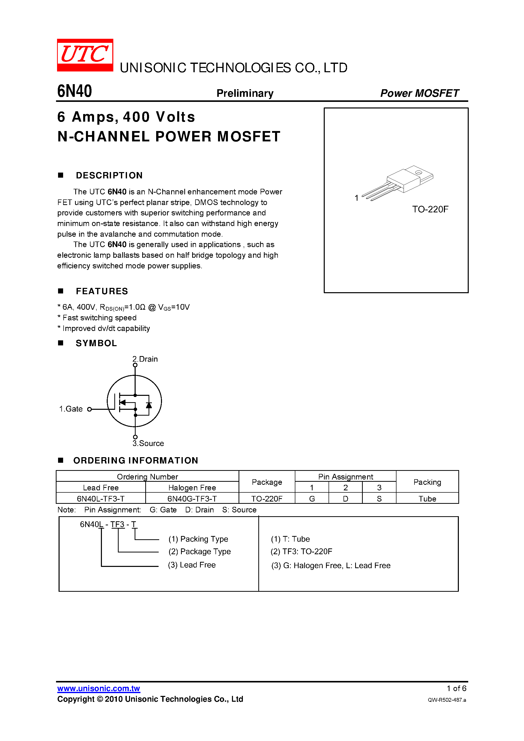 Даташит на микросхему 6N40 страница 1 Даташит 6N40 - 400 Volts N-CHANNEL POWER MOSFET страница 1