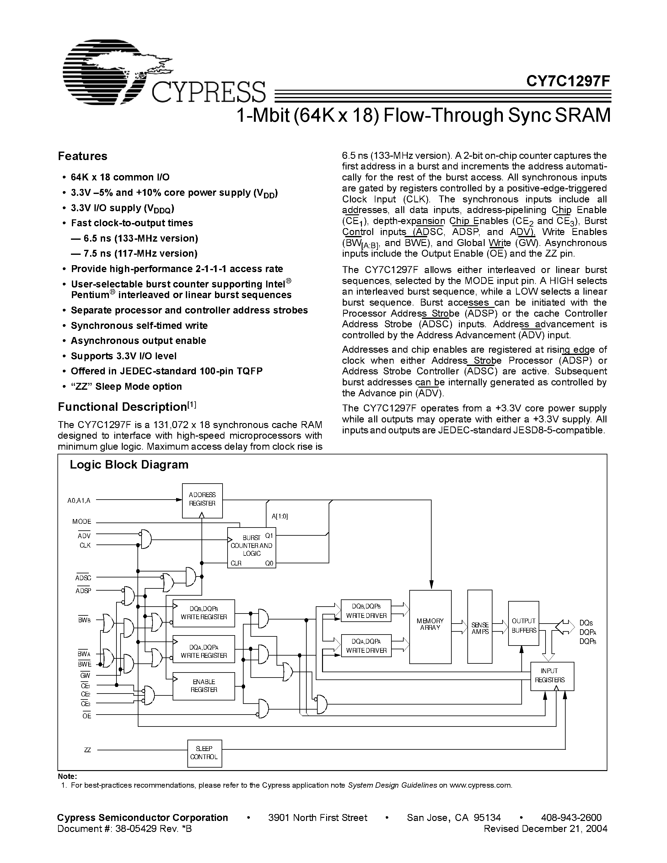 Даташит на микросхему CY7C1297F страница 1 Даташит CY7C1297F - 1-Mbit (64K x 18) Flow-Through Sync SRAM страница 1