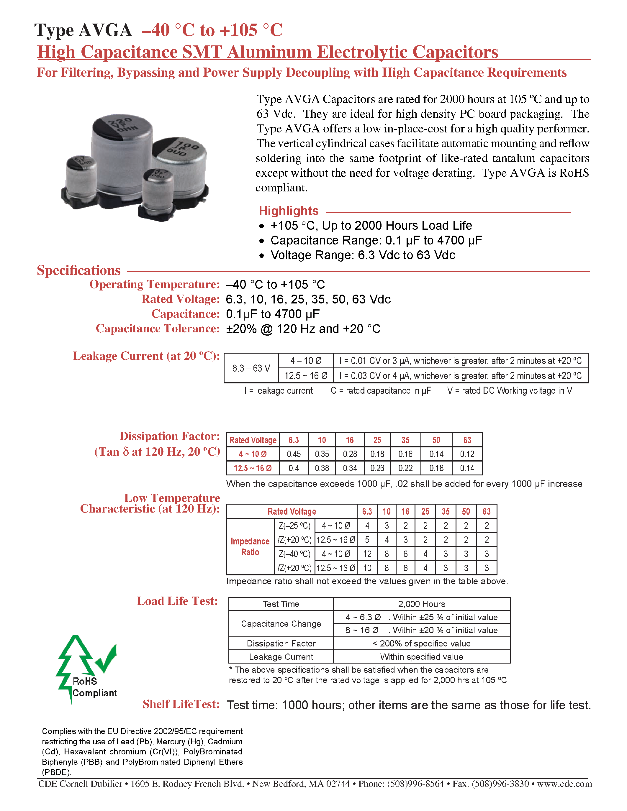 Datasheet AVGA - High Capacitance SMT Aluminum Electrolytic Capacitors page 1