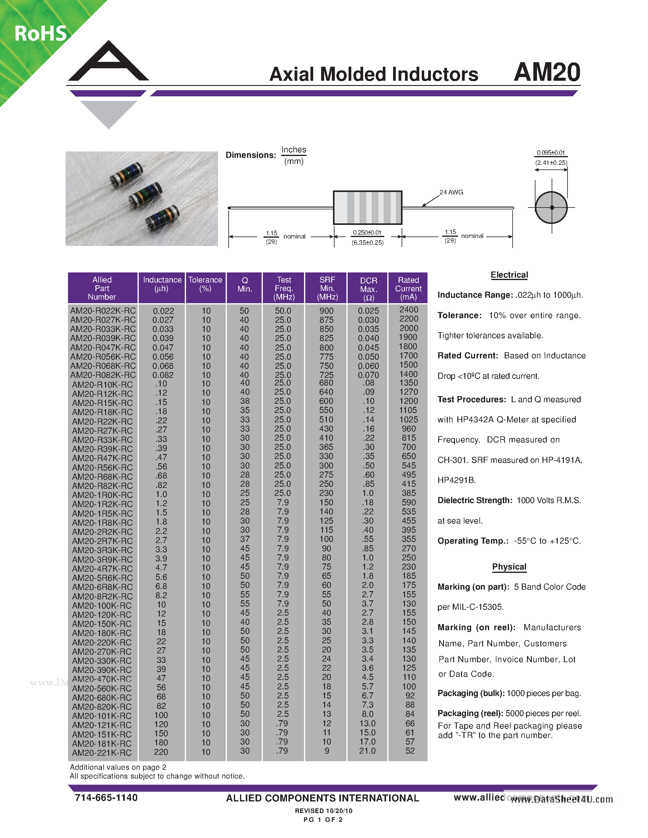 Datasheet AM20 page 1 Datasheet AM20 - Axial Molded Inductors page 1