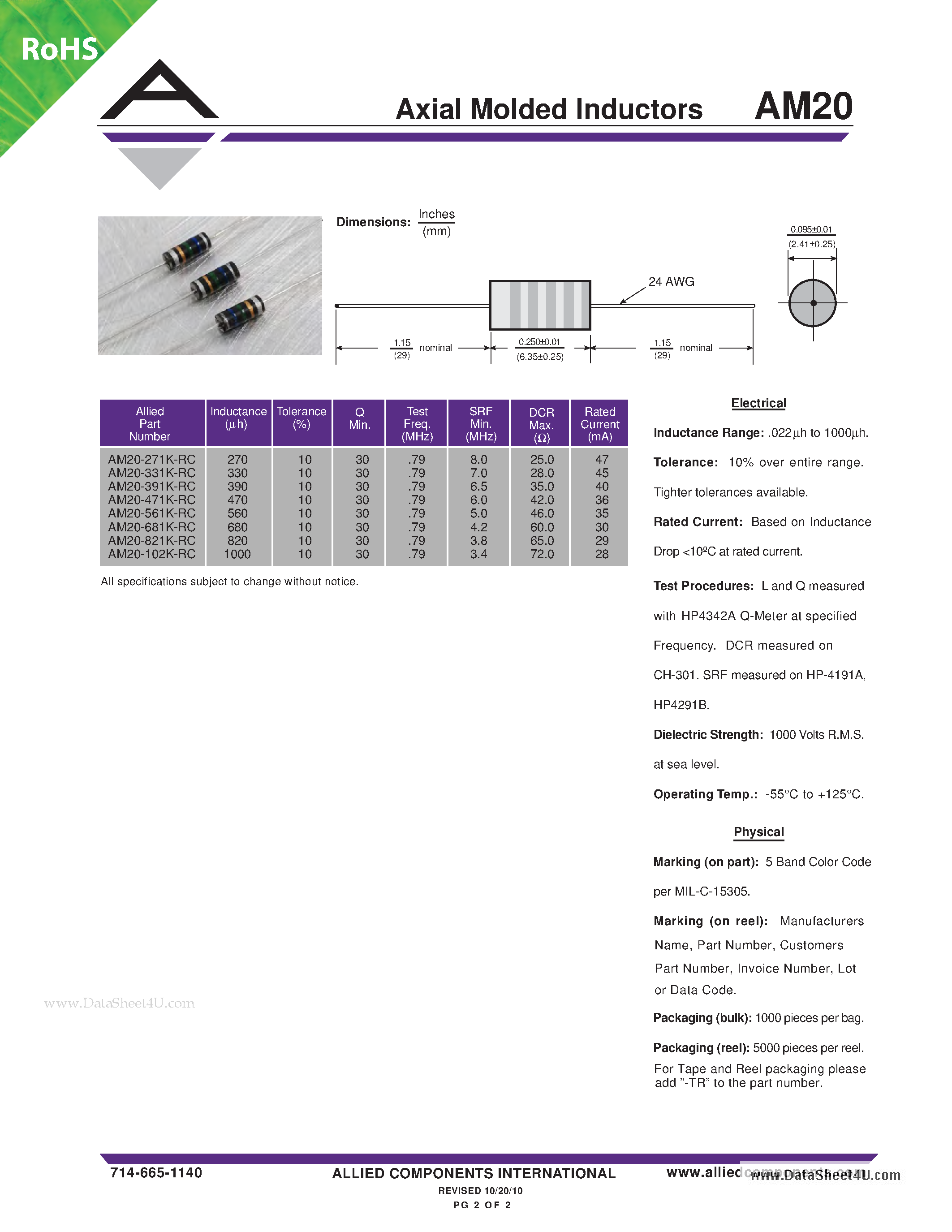 Datasheet AM20 page 2 Datasheet AM20 - Axial Molded Inductors page 2