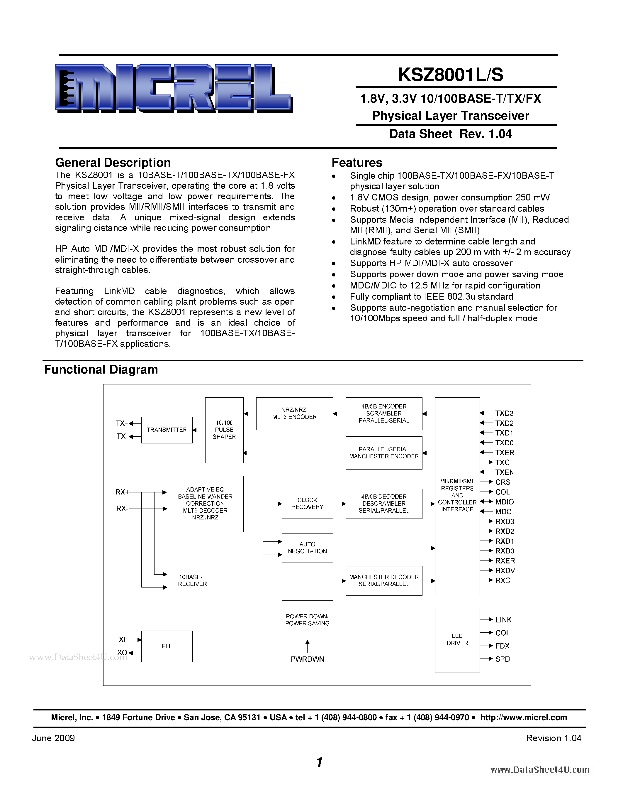 Даташит KS8001L - 3.3V 10/100BASE-T/TX/FX Physical Layer Transceiver страница 1