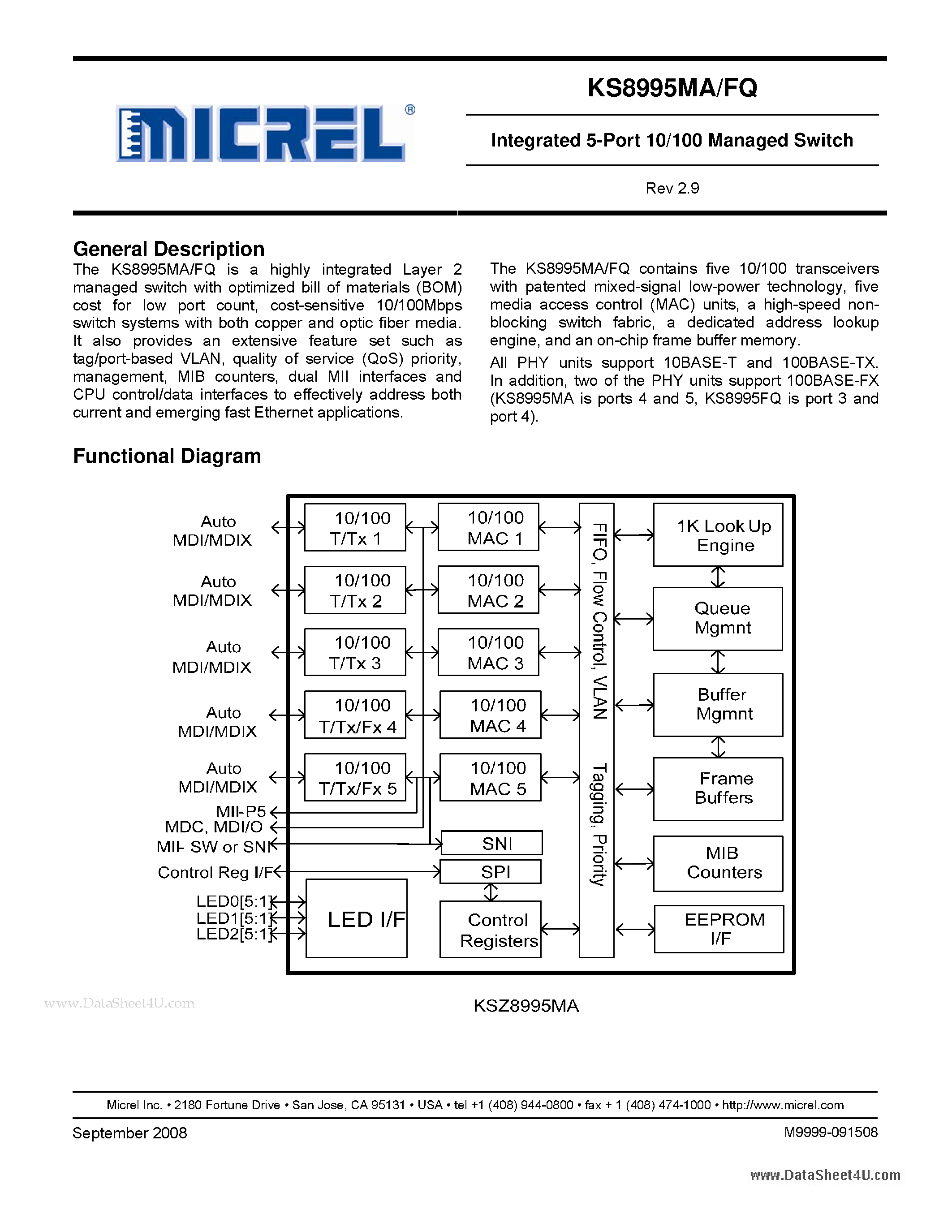 Datasheet KS8995FQ - Integrated 5-Port 10/100 Managed Switch page 1