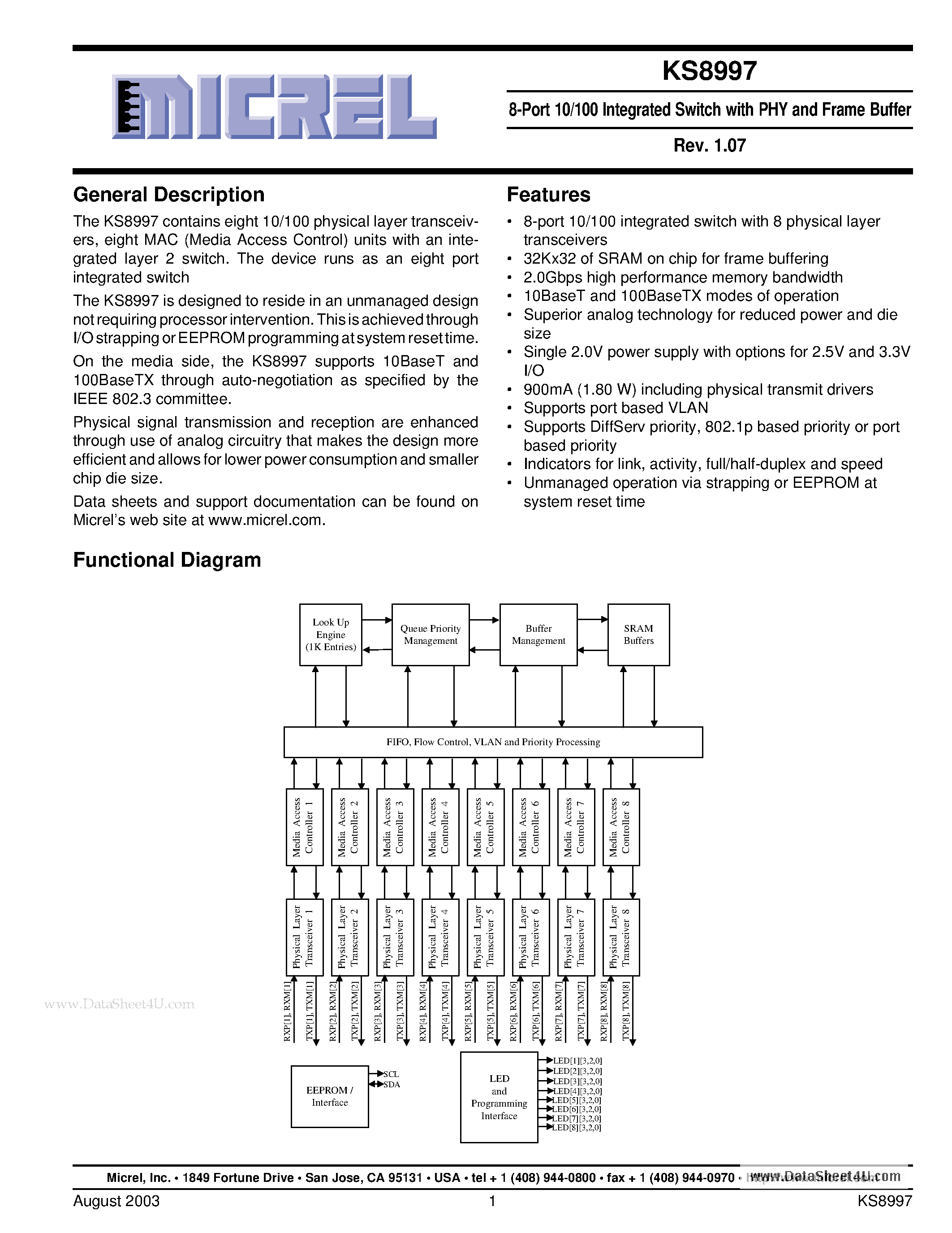 Datasheet KS8997 - 8-Port 10/100 Integrated Switch page 1