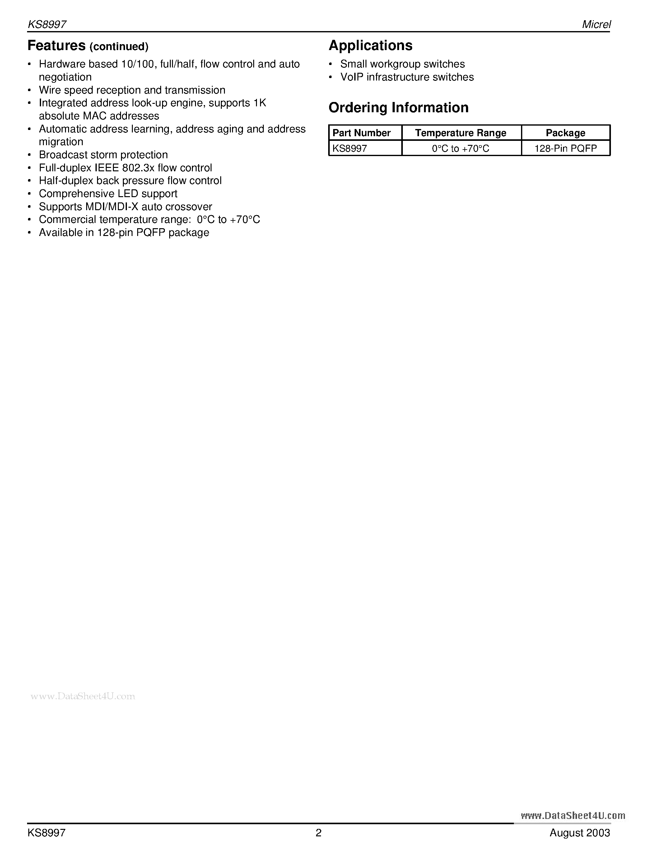 Datasheet KS8997 - 8-Port 10/100 Integrated Switch page 2
