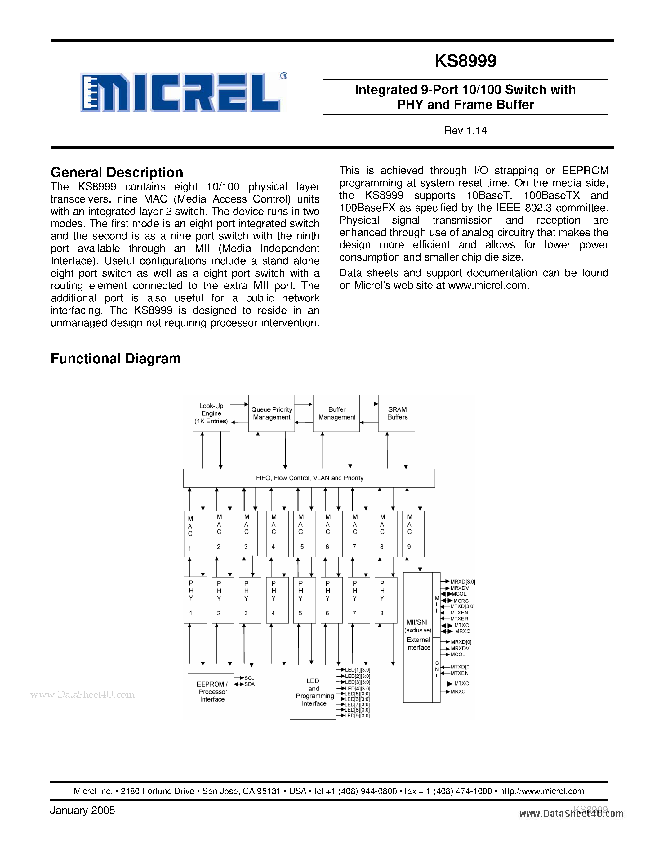 Datasheet KS8999 - Integrated 9-Port 10/100 Switch page 1