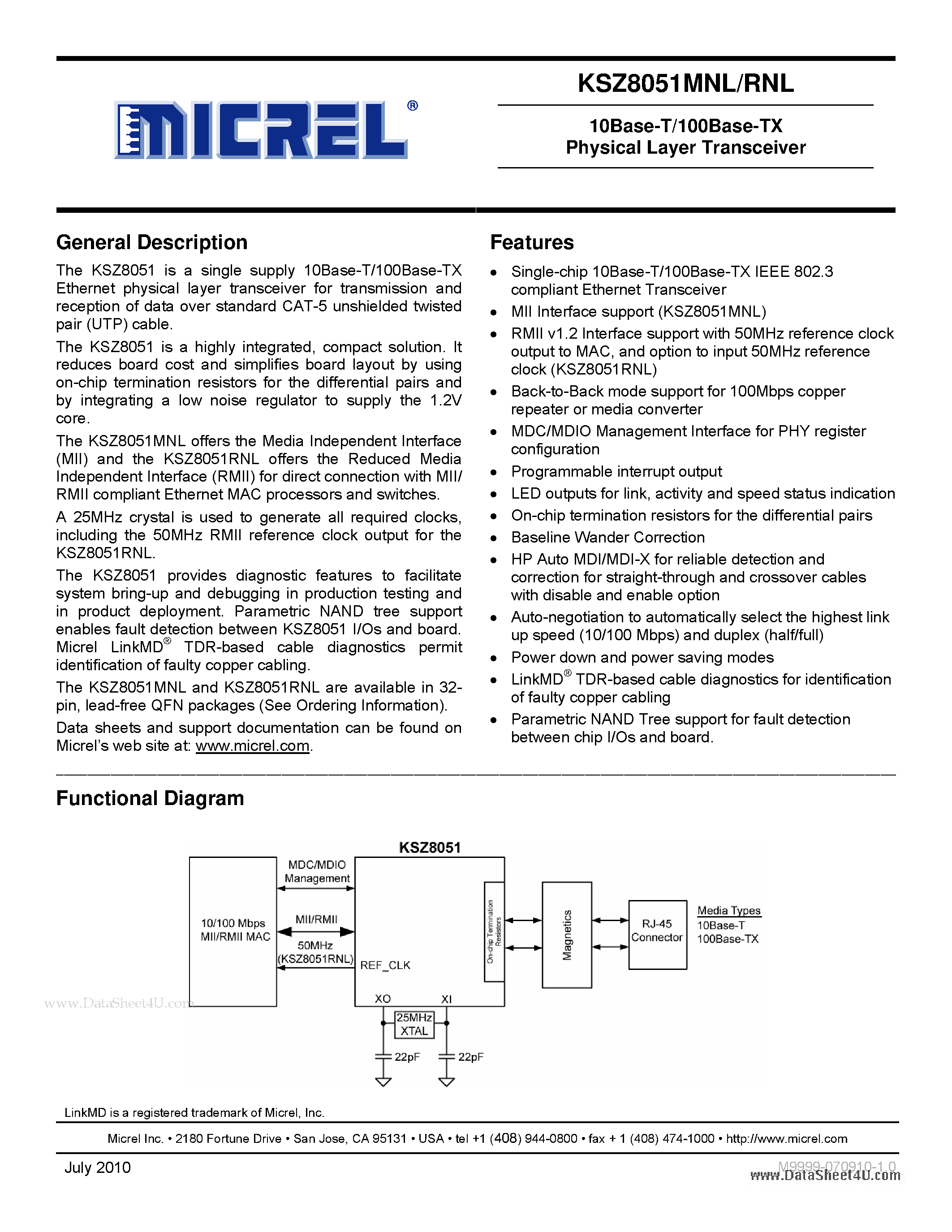 Даташит KSZ8051MNL - 10Base-T/100Base-TX Physical Layer Transceiver страница 1