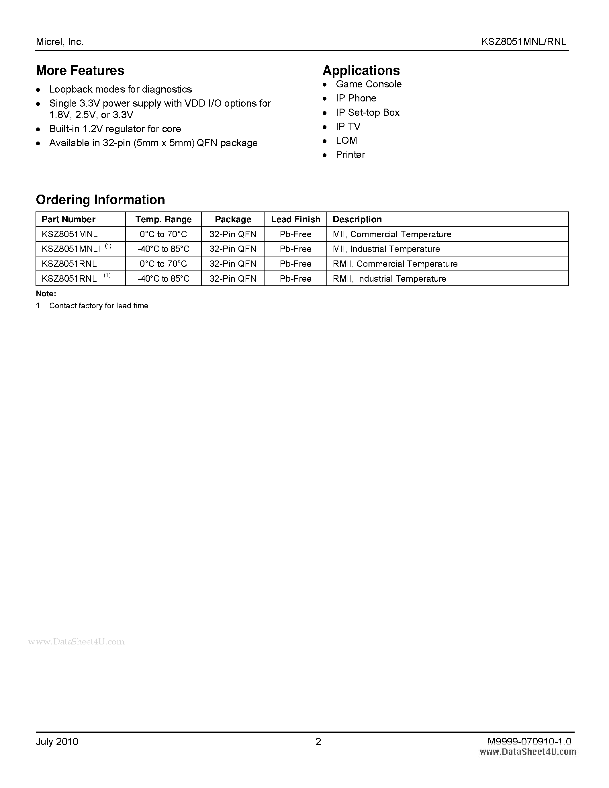 Даташит KSZ8051MNL - 10Base-T/100Base-TX Physical Layer Transceiver страница 2