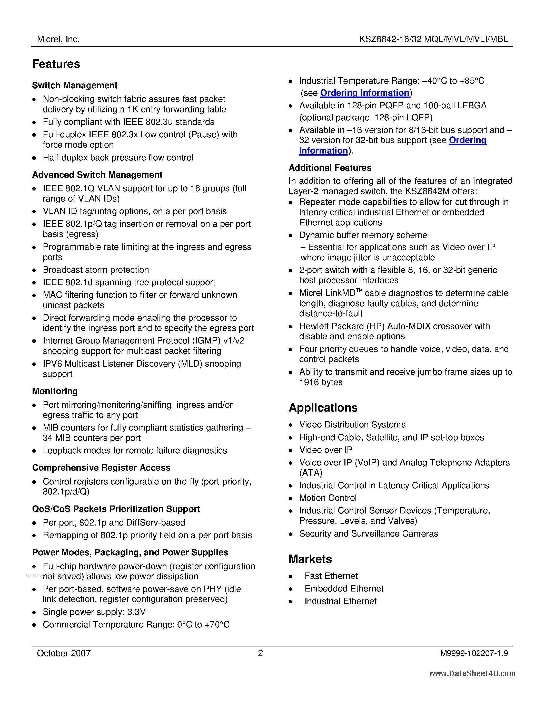 Datasheet KSZ8842-16MBL page 2 Datasheet KSZ8842-16MBL - 2-Port Ethernet Switch page 2