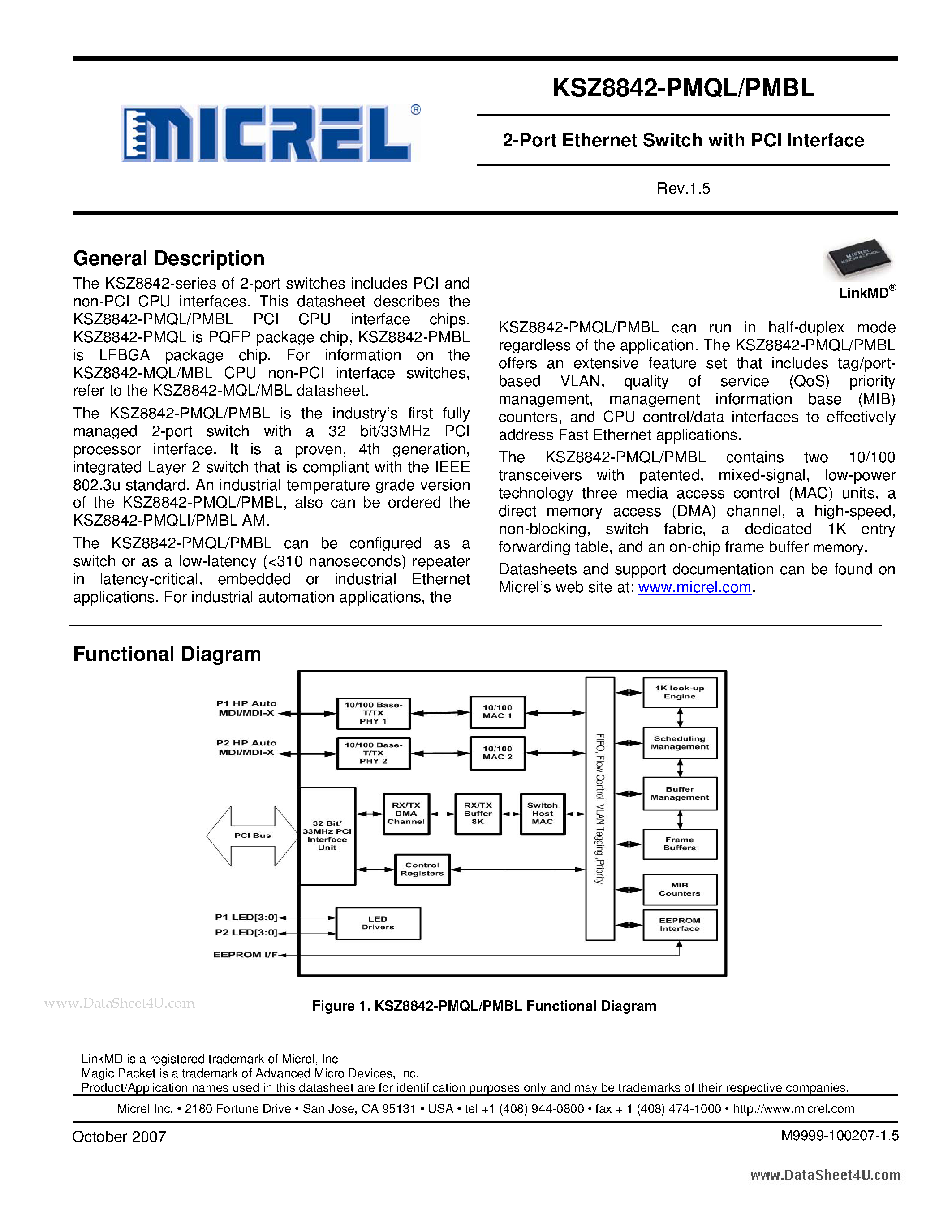 Datasheet KSZ8842-PMBL page 1 Datasheet KSZ8842-PMBL - 2-Port Ethernet Switch page 1