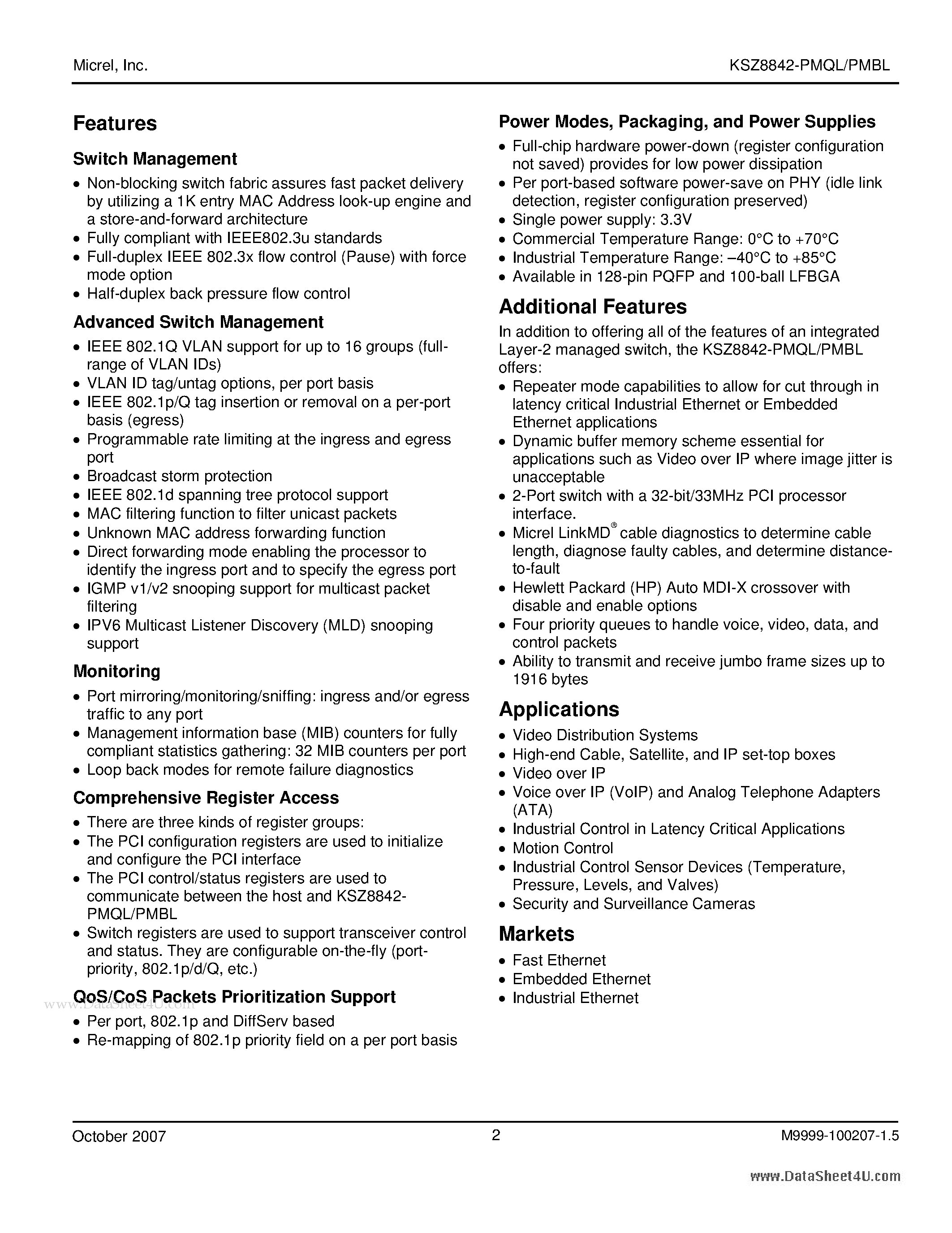 Datasheet KSZ8842-PMBL page 2 Datasheet KSZ8842-PMBL - 2-Port Ethernet Switch page 2