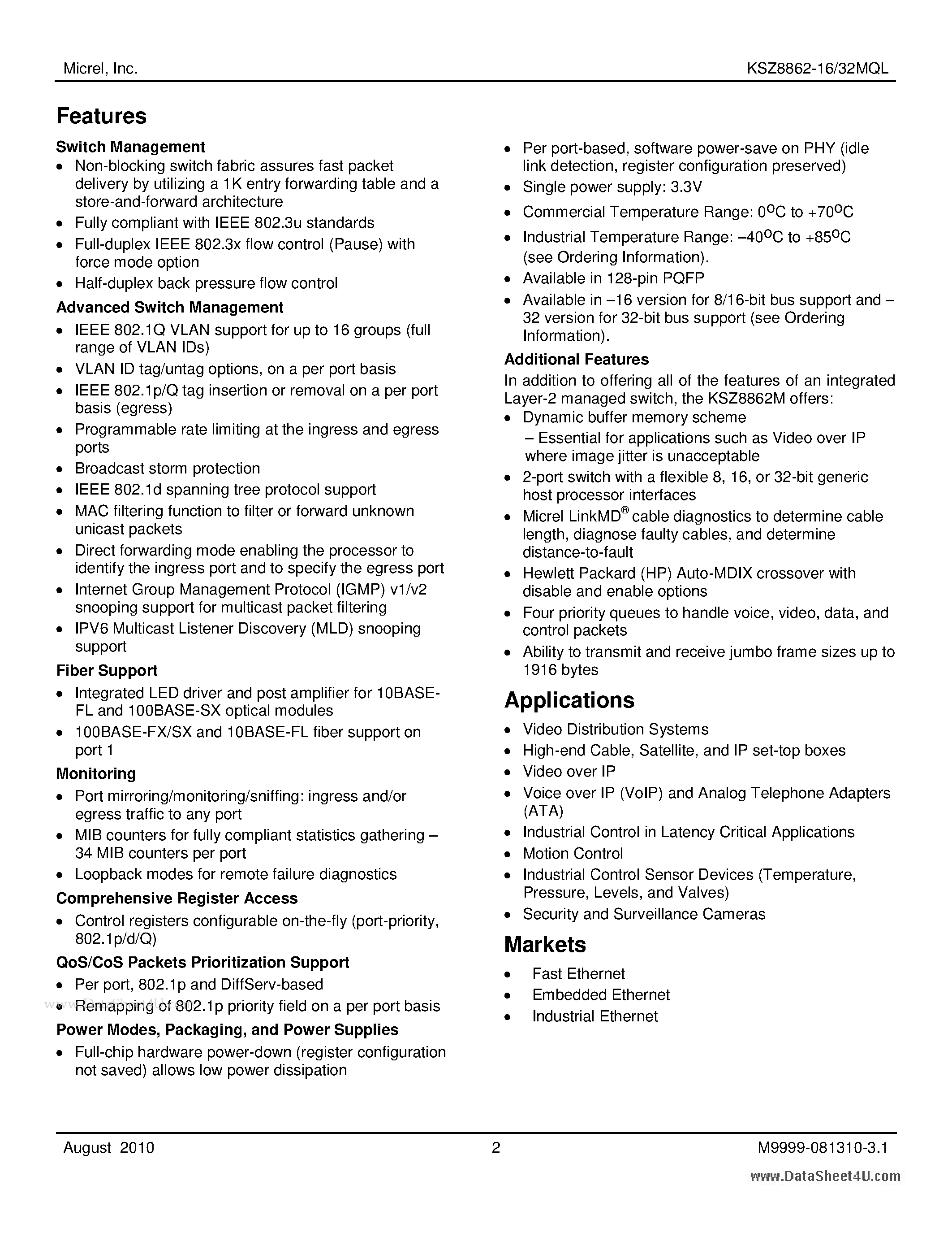 Datasheet KSZ8862-32MQL page 2 Datasheet KSZ8862-32MQL - 2-Port Ethernet Switch page 2