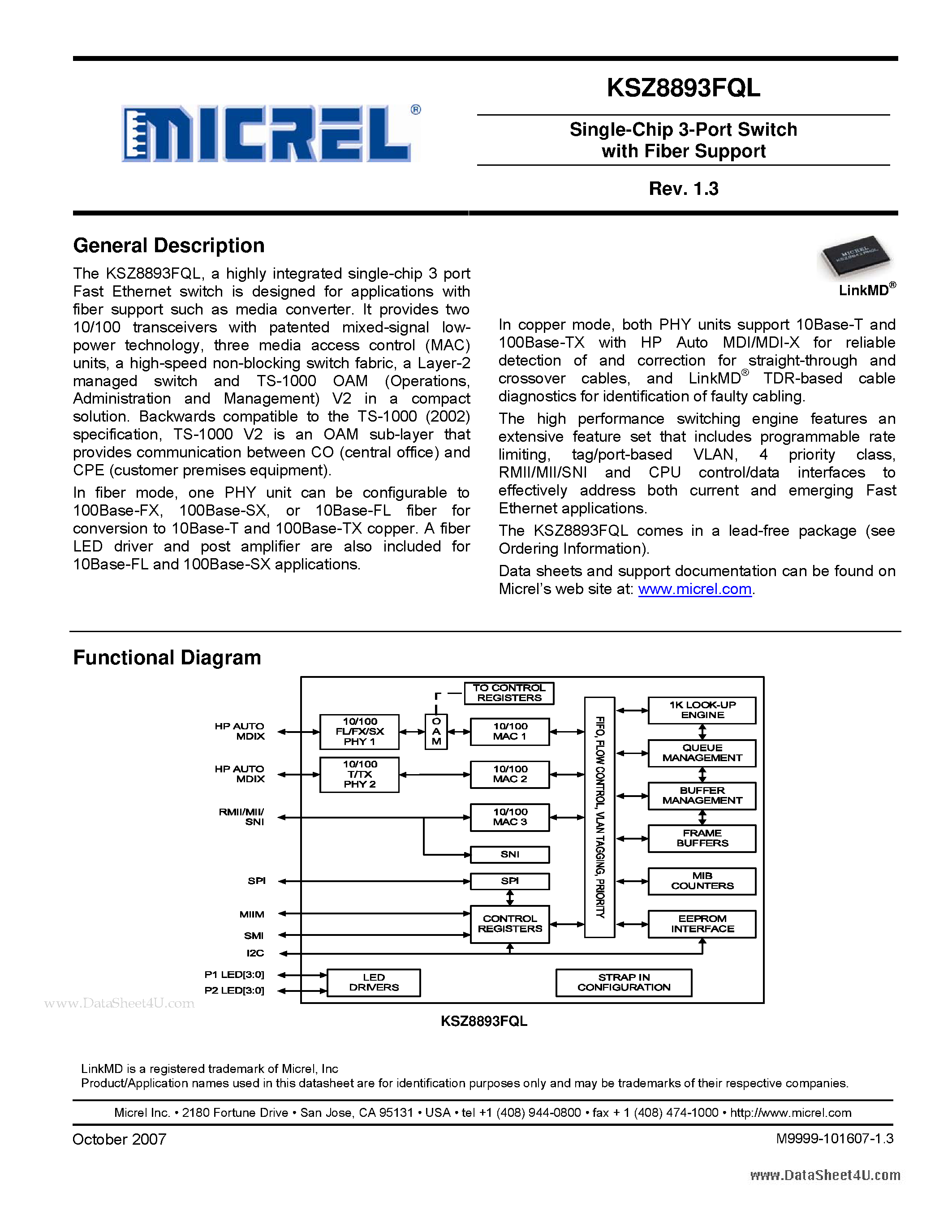 Datasheet KSZ8893FQL - Single-Chip 3-Port Switch page 1