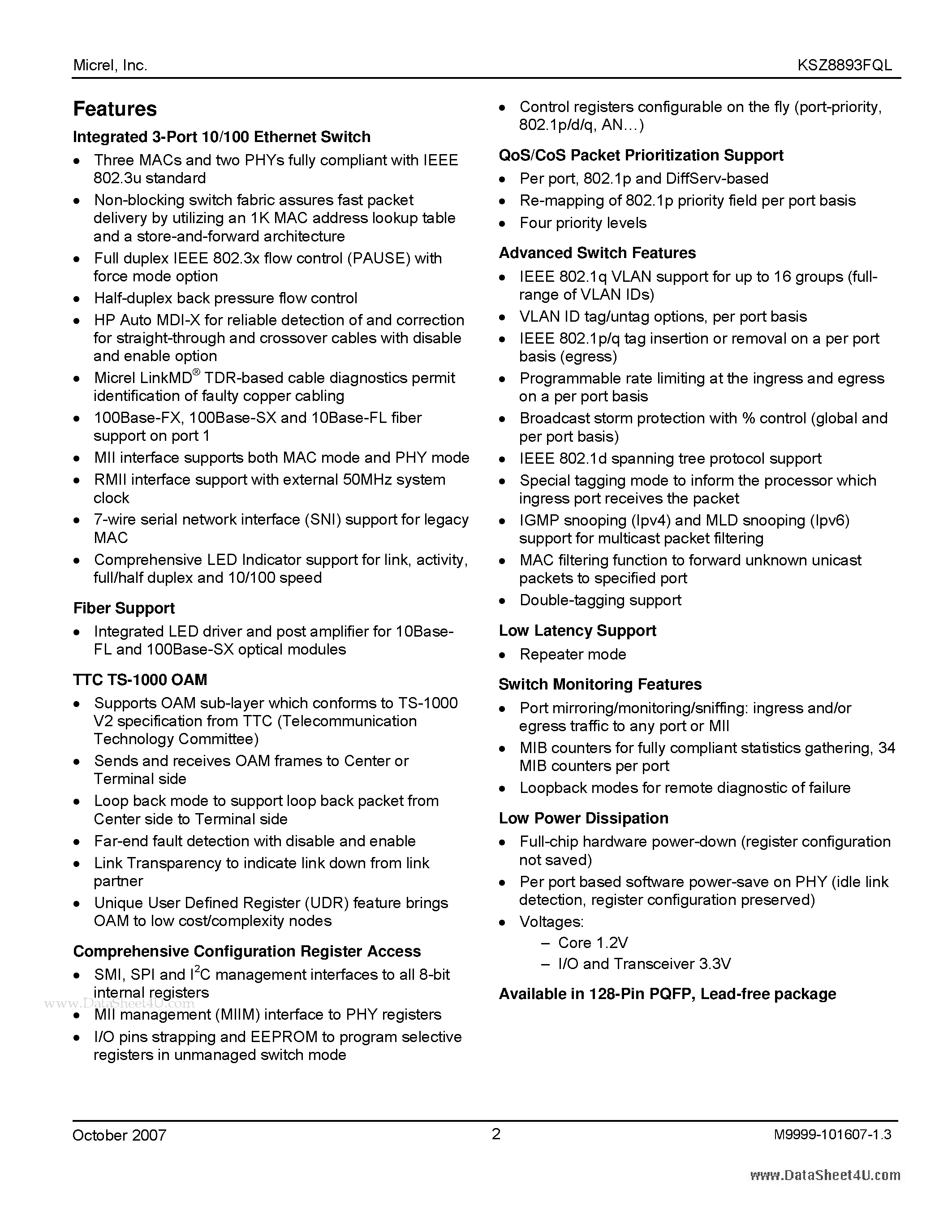 Datasheet KSZ8893FQL - Single-Chip 3-Port Switch page 2