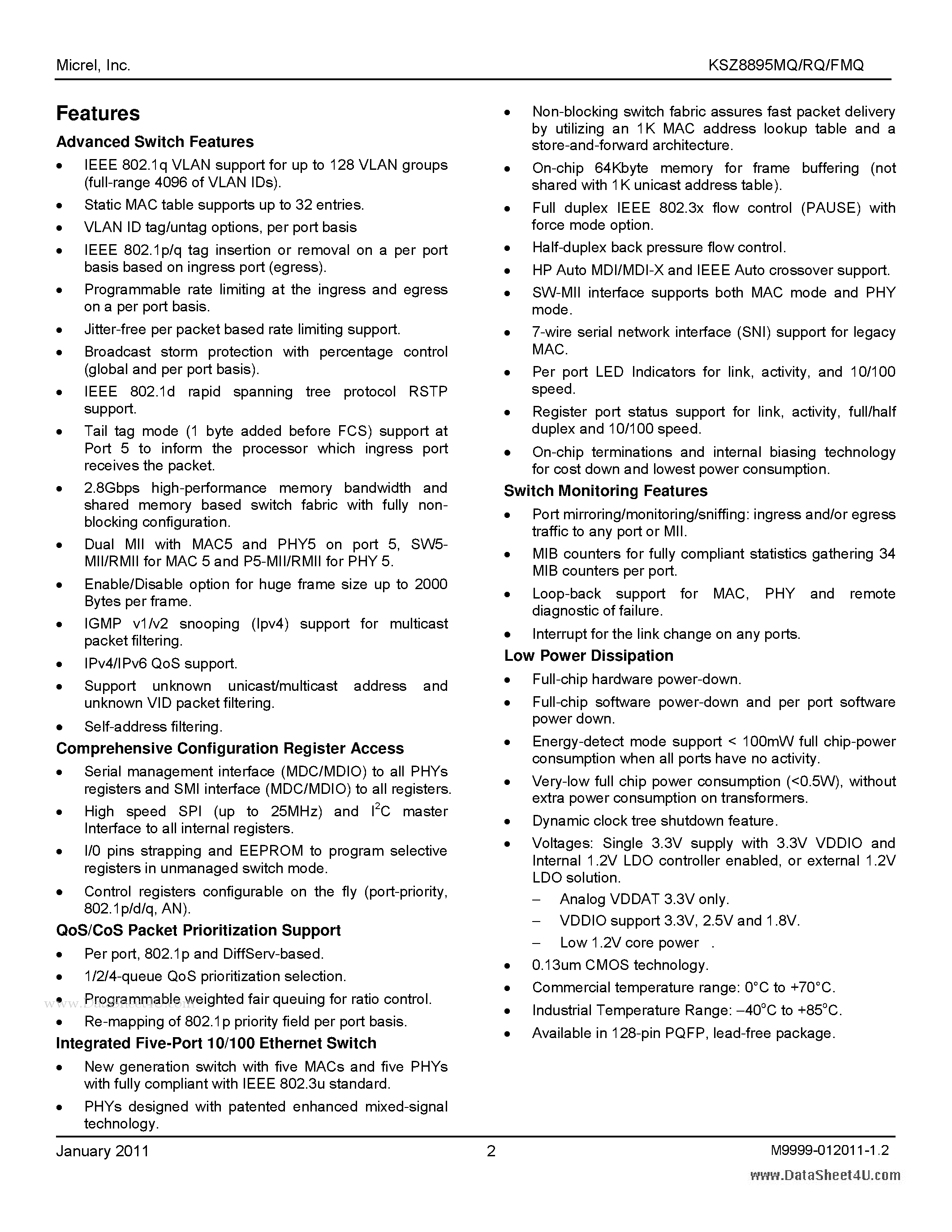 Datasheet KSZ8895FMQ - Integrated 5-Port 10/100 Managed Ethernet Switch page 2