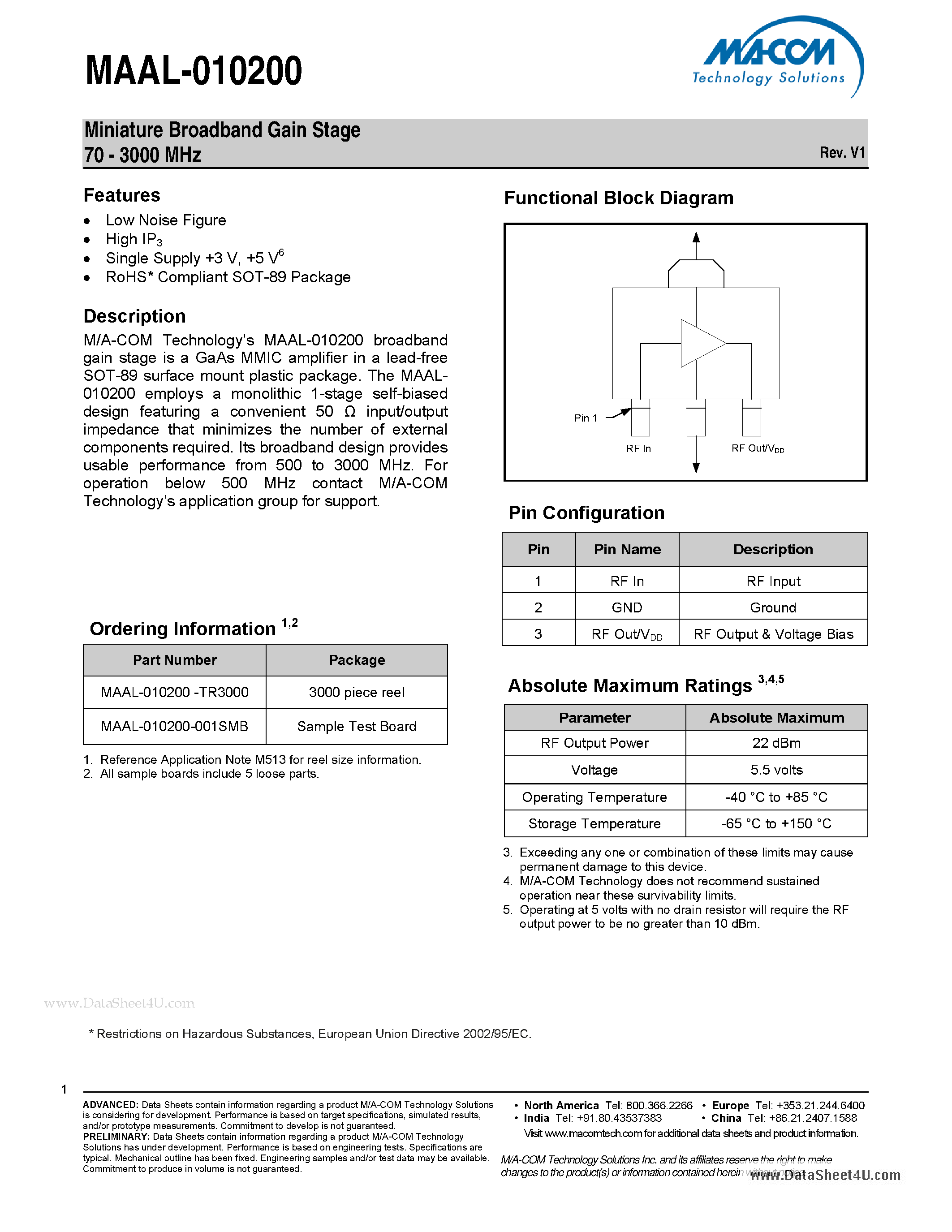 Datasheet MAAL-010200 - Miniature Broadband Gain Stage page 1
