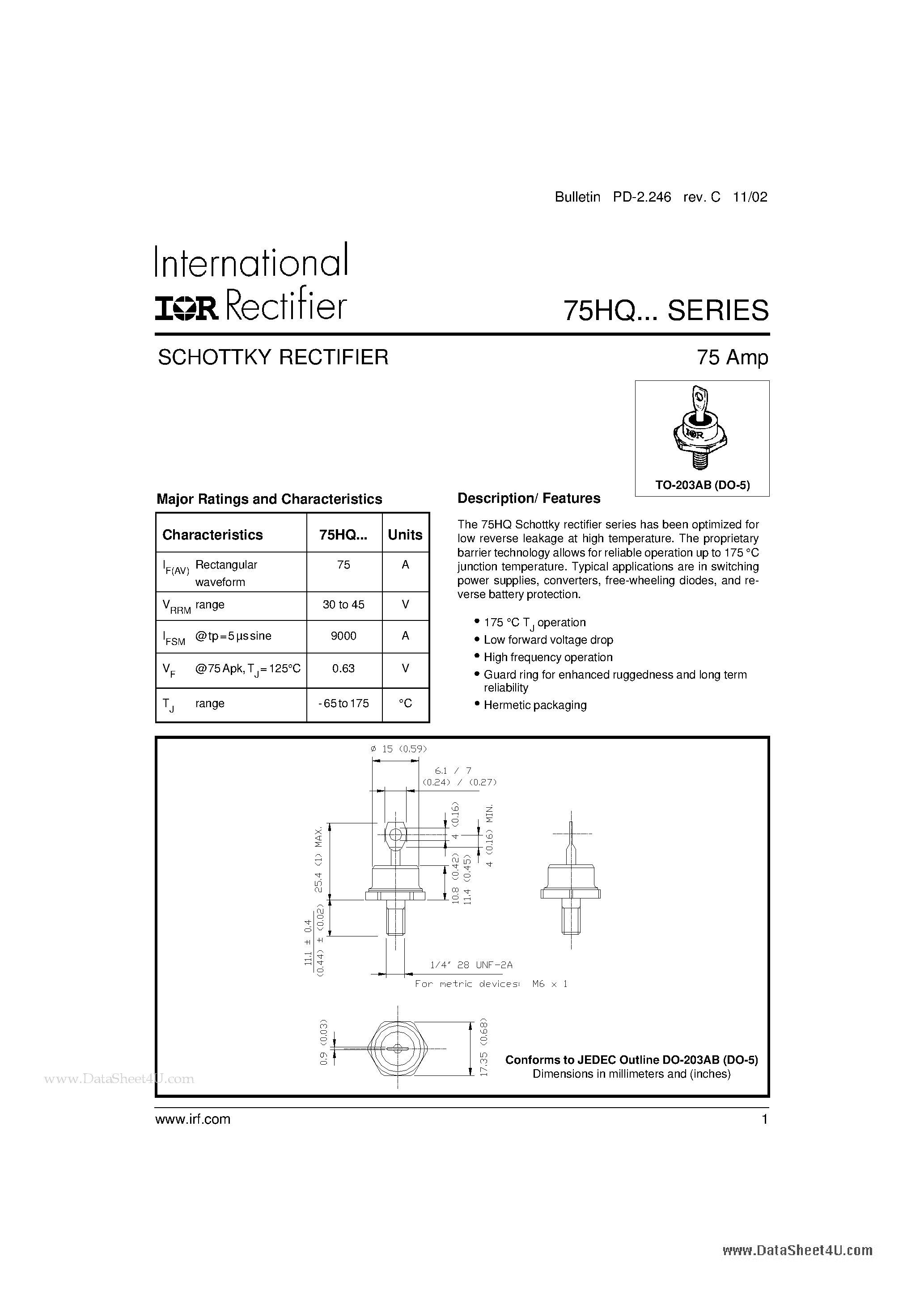 Datasheet 75HQ - SCHOTTKY RECTIFIER page 1
