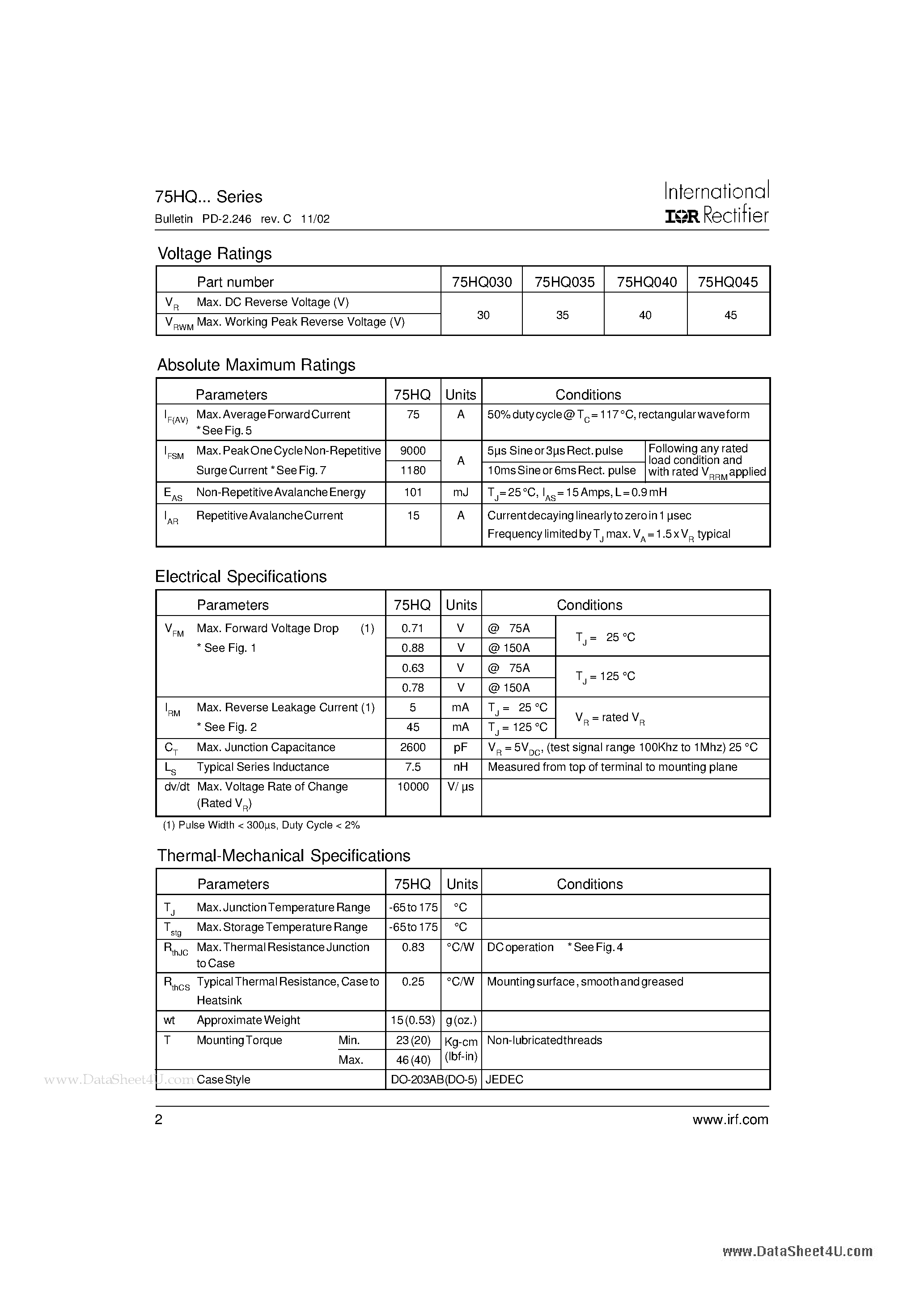 Datasheet 75HQ - SCHOTTKY RECTIFIER page 2