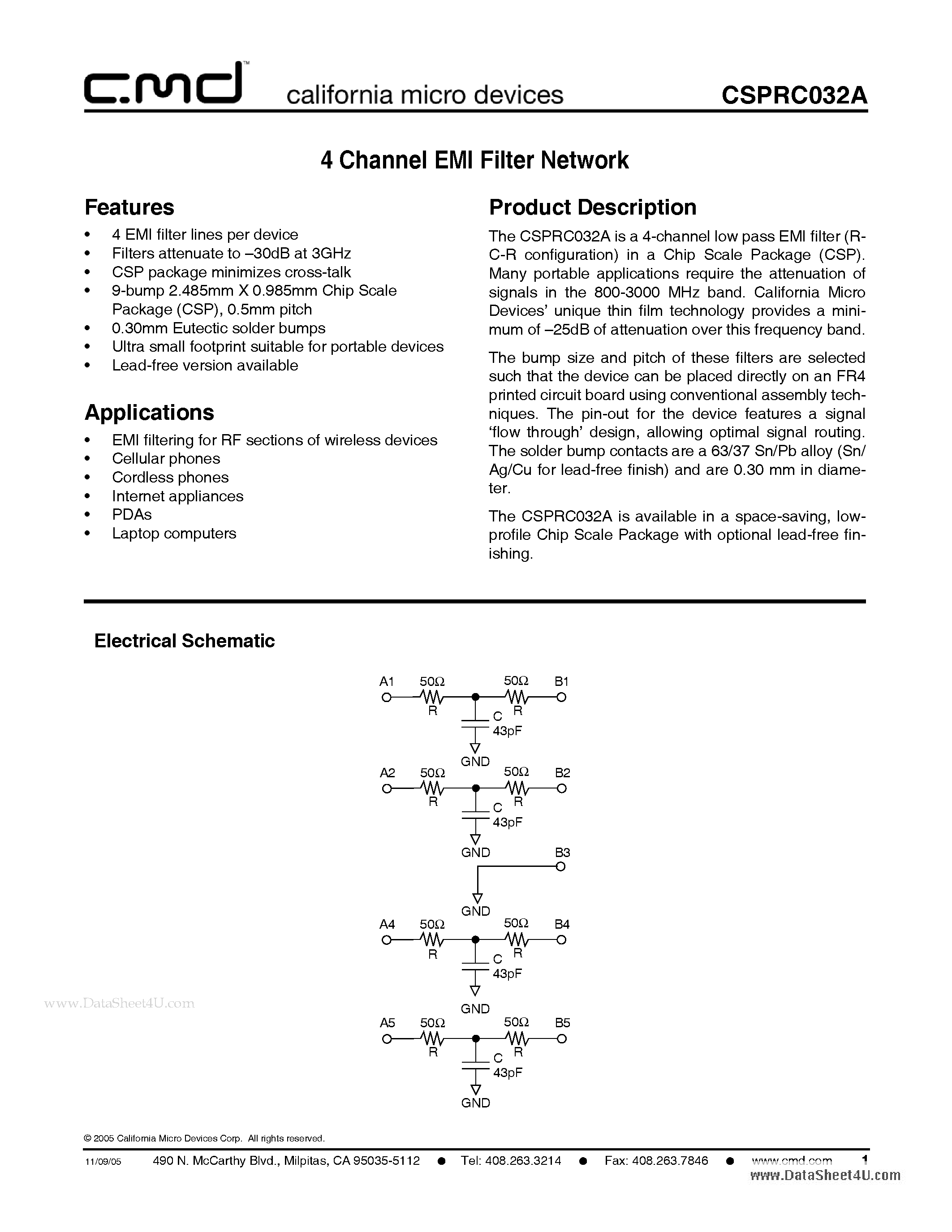 Datasheet CSPRC032A page 1 Datasheet CSPRC032A - 4 Channel EMI Filter Network page 1