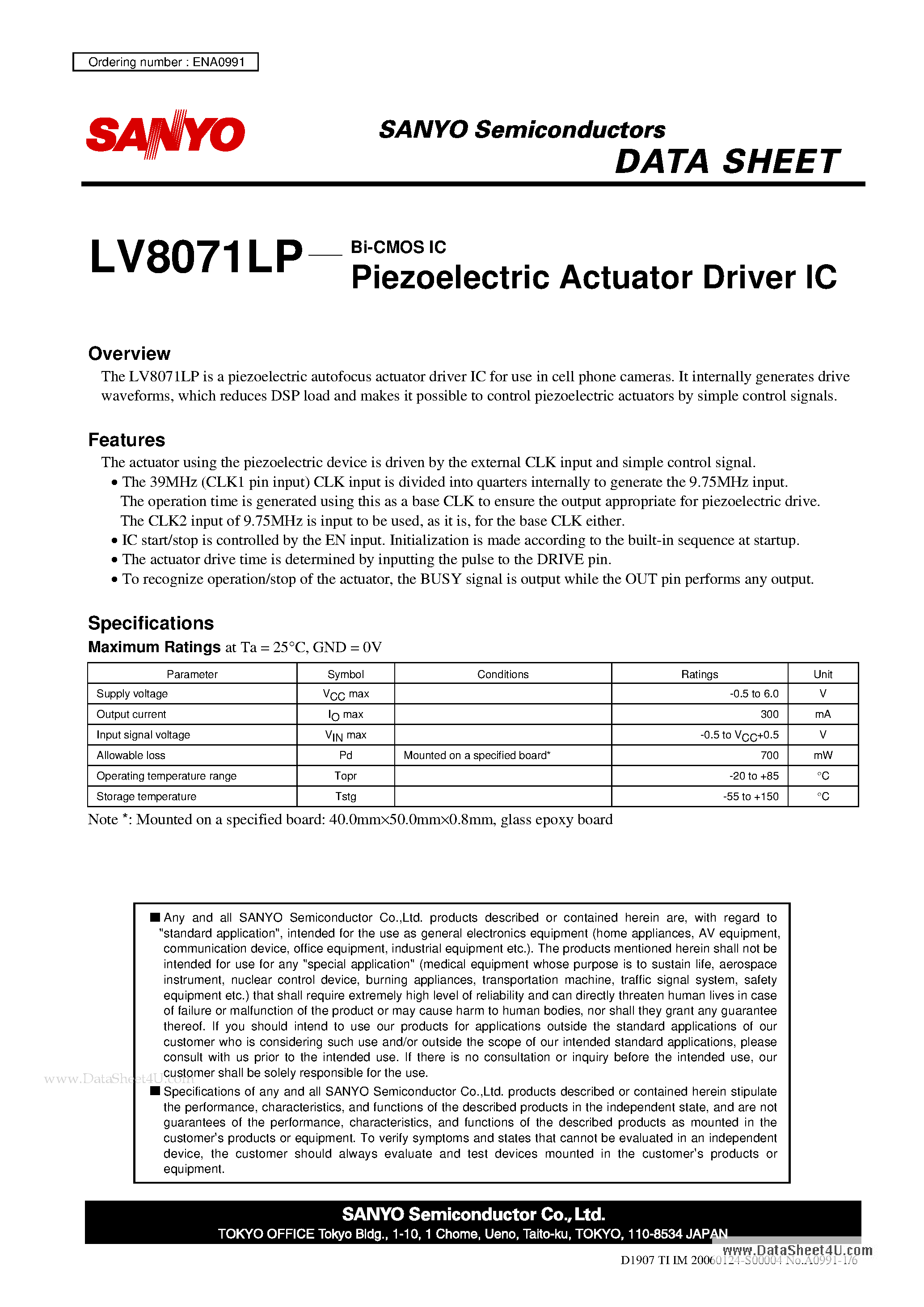 Даташит LV8071LP - Piezoelectric Actuator Driver IC страница 1