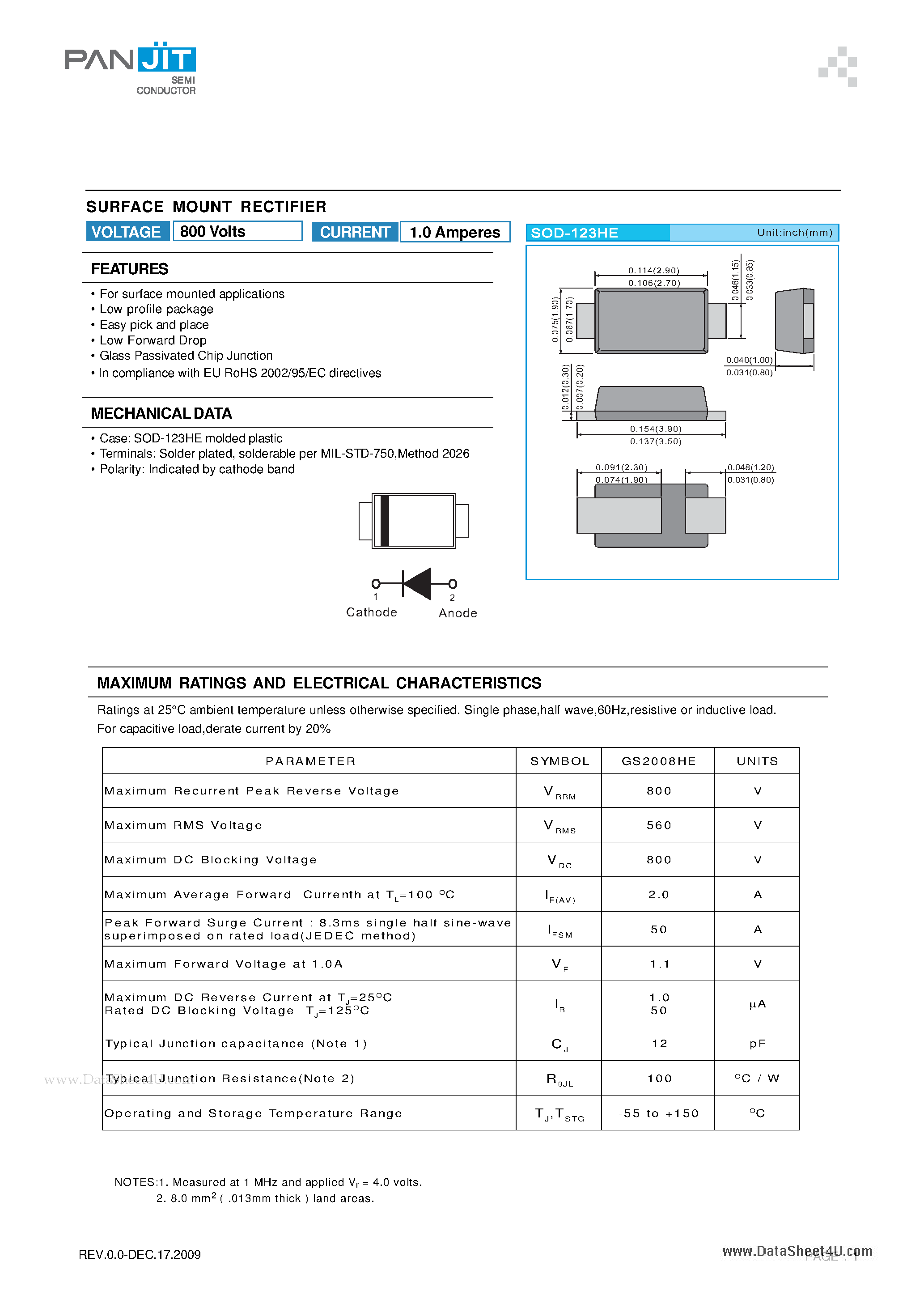 Datasheet GS2008HE - SURFACE MOUNT RECTIFIER page 1